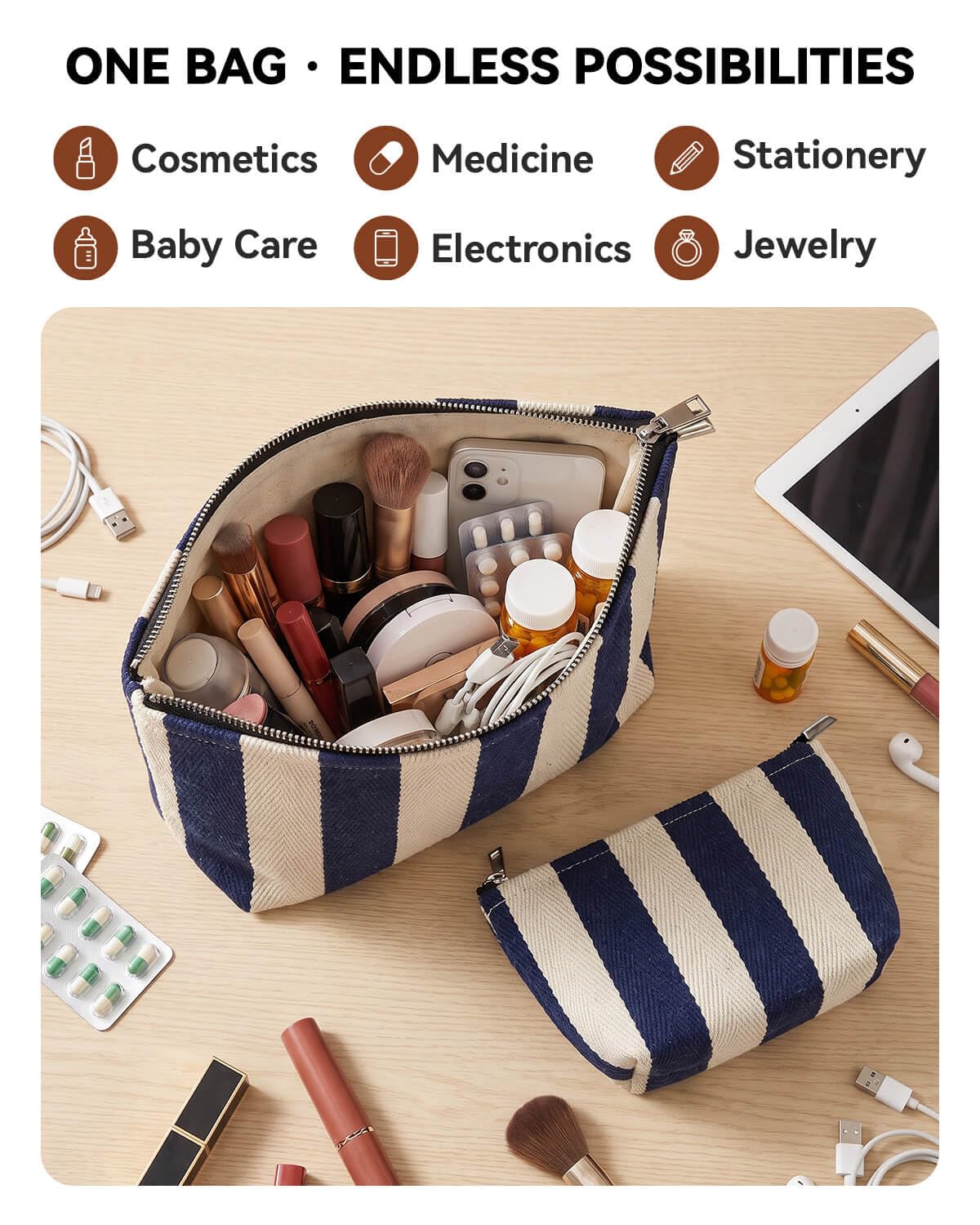 Travel Makeup Bag Set of 2, Preppy Jacquard Pouches for Purse , Navy Blue Striped Makeup Pouch with Smooth Zipper Soft Lining, for Cosmetic Car Organizer, Daily, Gifts, Portable Large & Small Toiletry - thewildfolk Travel Makeup Bag Set of 2, Preppy Jacquard Pouches for Purse , Navy Blue Striped Makeup Pouch with Smooth Zipper Soft Lining, for Cosmetic Car Organizer, Daily, Gifts, Portable Large & Small Toiletry