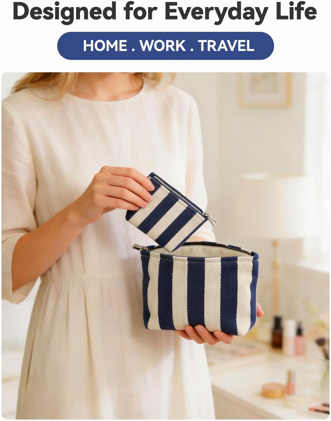 Travel Makeup Bag Set of 2, Preppy Jacquard Pouches for Purse , Navy Blue Striped Makeup Pouch with Smooth Zipper Soft Lining, for Cosmetic Car Organizer, Daily, Gifts, Portable Large & Small Toiletry - thewildfolk Travel Makeup Bag Set of 2, Preppy Jacquard Pouches for Purse , Navy Blue Striped Makeup Pouch with Smooth Zipper Soft Lining, for Cosmetic Car Organizer, Daily, Gifts, Portable Large & Small Toiletry