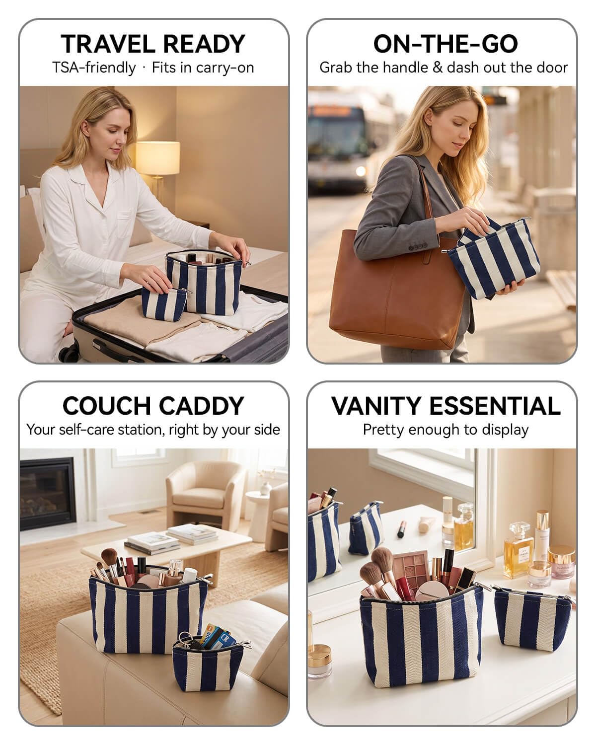 Travel Makeup Bag Set of 2, Preppy Jacquard Pouches for Purse , Navy Blue Striped Makeup Pouch with Smooth Zipper Soft Lining, for Cosmetic Car Organizer, Daily, Gifts, Portable Large & Small Toiletry - thewildfolk Travel Makeup Bag Set of 2, Preppy Jacquard Pouches for Purse , Navy Blue Striped Makeup Pouch with Smooth Zipper Soft Lining, for Cosmetic Car Organizer, Daily, Gifts, Portable Large & Small Toiletry