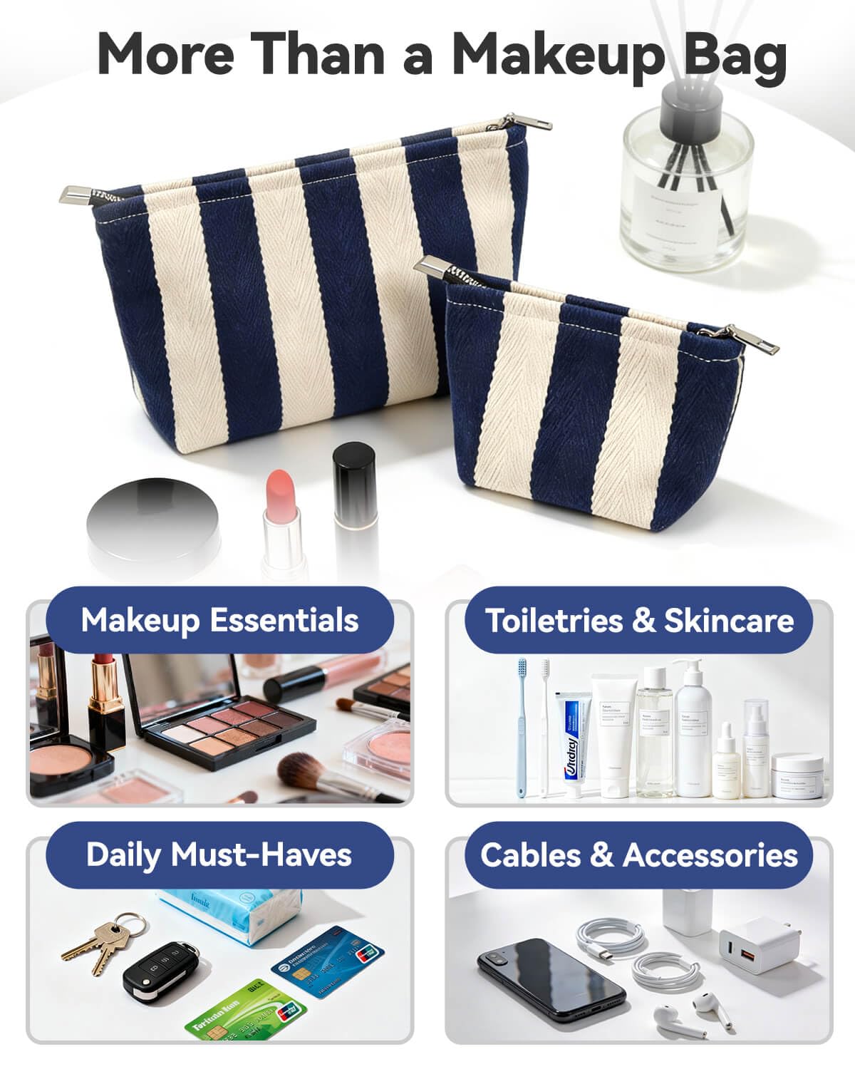 Travel Makeup Bag Set of 2, Preppy Jacquard Pouches for Purse , Navy Blue Striped Makeup Pouch with Smooth Zipper Soft Lining, for Cosmetic Car Organizer, Daily, Gifts, Portable Large & Small Toiletry - thewildfolk Travel Makeup Bag Set of 2, Preppy Jacquard Pouches for Purse , Navy Blue Striped Makeup Pouch with Smooth Zipper Soft Lining, for Cosmetic Car Organizer, Daily, Gifts, Portable Large & Small Toiletry