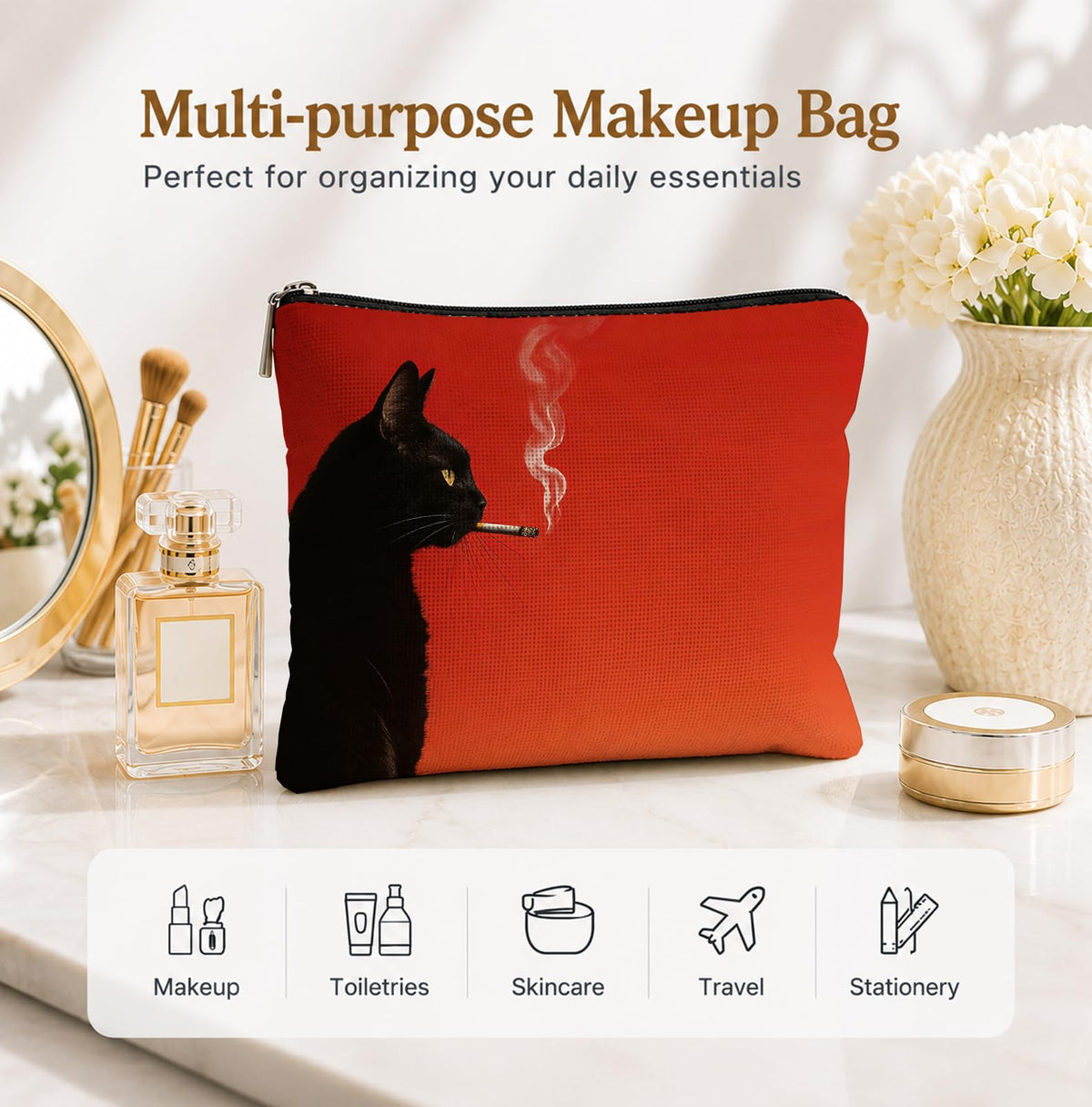 UNCDLV Funny Black Cat Makeup Bag Cosmetic for Women, Cat Lovers Gifts, Whimsical Quirky Smoking Black Kitten Portable Zipper Makeup Pouch Travel Toiletry Bags - thewildfolk UNCDLV Funny Black Cat Makeup Bag Cosmetic for Women, Cat Lovers Gifts, Whimsical Quirky Smoking Black Kitten Portable Zipper Makeup Pouch Travel Toiletry Bags