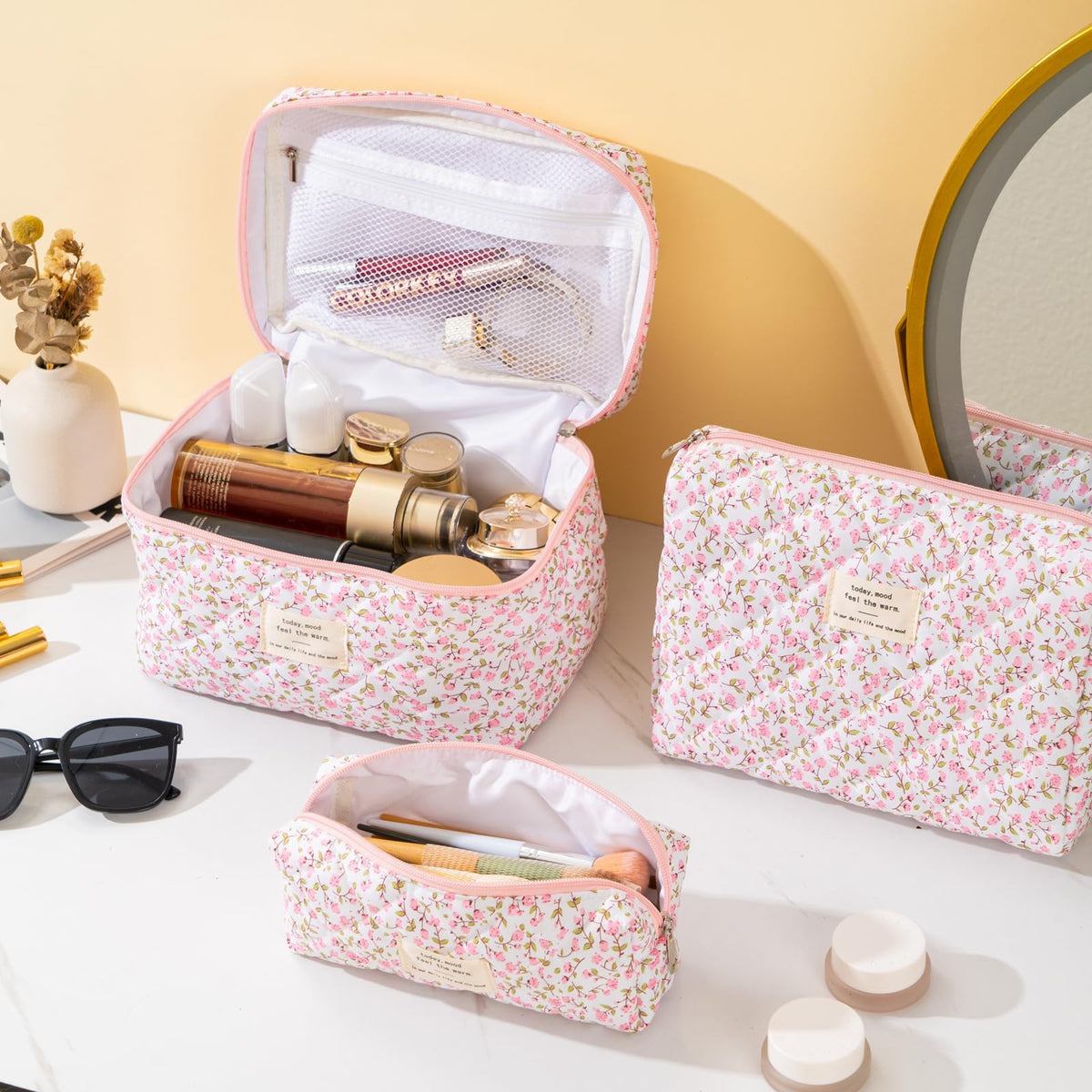 UUYUUY Makeup Bag for Women 3PCS Quilted Cotton Make Up Bag Travel Cosmetic Bag Large Makeup Bag Set Cute Makeups Organizer Floral Toiletry Pouch for Purse, Pink Floral D - thewildfolk UUYUUY Makeup Bag for Women 3PCS Quilted Cotton Make Up Bag Travel Cosmetic Bag Large Makeup Bag Set Cute Makeups Organizer Floral Toiletry Pouch for Purse, Pink Floral D