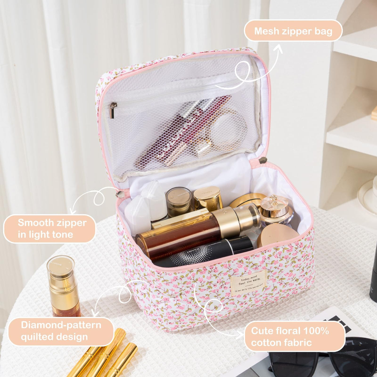 UUYUUY Makeup Bag for Women 3PCS Quilted Cotton Make Up Bag Travel Cosmetic Bag Large Makeup Bag Set Cute Makeups Organizer Floral Toiletry Pouch for Purse, Pink Floral D - thewildfolk UUYUUY Makeup Bag for Women 3PCS Quilted Cotton Make Up Bag Travel Cosmetic Bag Large Makeup Bag Set Cute Makeups Organizer Floral Toiletry Pouch for Purse, Pink Floral D