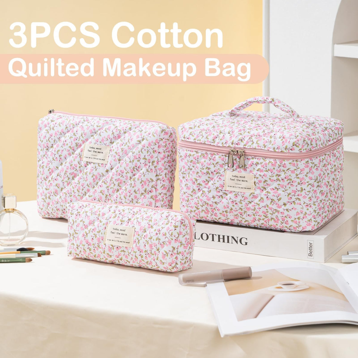 UUYUUY Makeup Bag for Women 3PCS Quilted Cotton Make Up Bag Travel Cosmetic Bag Large Makeup Bag Set Cute Makeups Organizer Floral Toiletry Pouch for Purse, Pink Floral D - thewildfolk UUYUUY Makeup Bag for Women 3PCS Quilted Cotton Make Up Bag Travel Cosmetic Bag Large Makeup Bag Set Cute Makeups Organizer Floral Toiletry Pouch for Purse, Pink Floral D