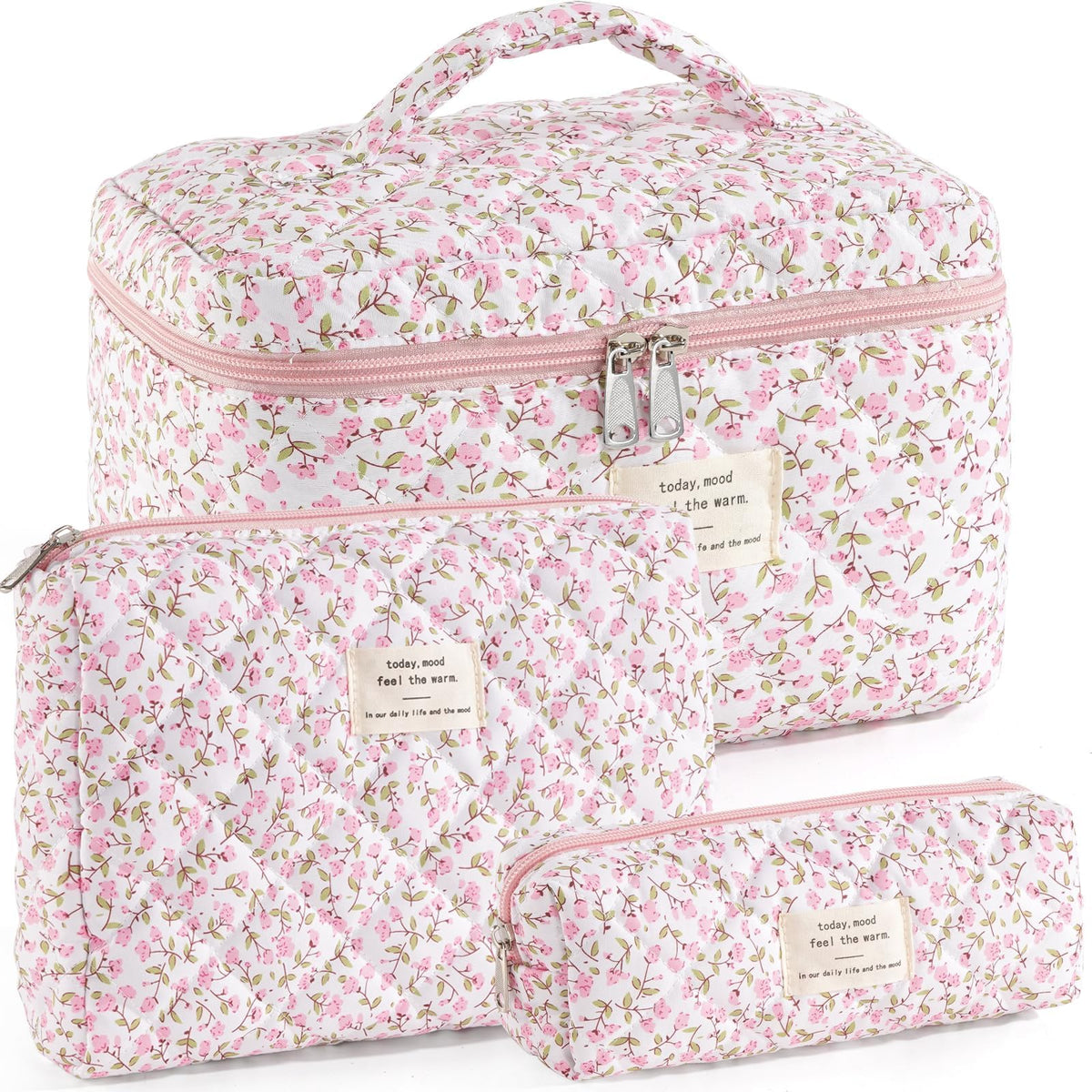 UUYUUY Makeup Bag for Women 3PCS Quilted Cotton Make Up Bag Travel Cosmetic Bag Large Makeup Bag Set Cute Makeups Organizer Floral Toiletry Pouch for Purse, Pink Floral D - thewildfolk UUYUUY Makeup Bag for Women 3PCS Quilted Cotton Make Up Bag Travel Cosmetic Bag Large Makeup Bag Set Cute Makeups Organizer Floral Toiletry Pouch for Purse, Pink Floral D