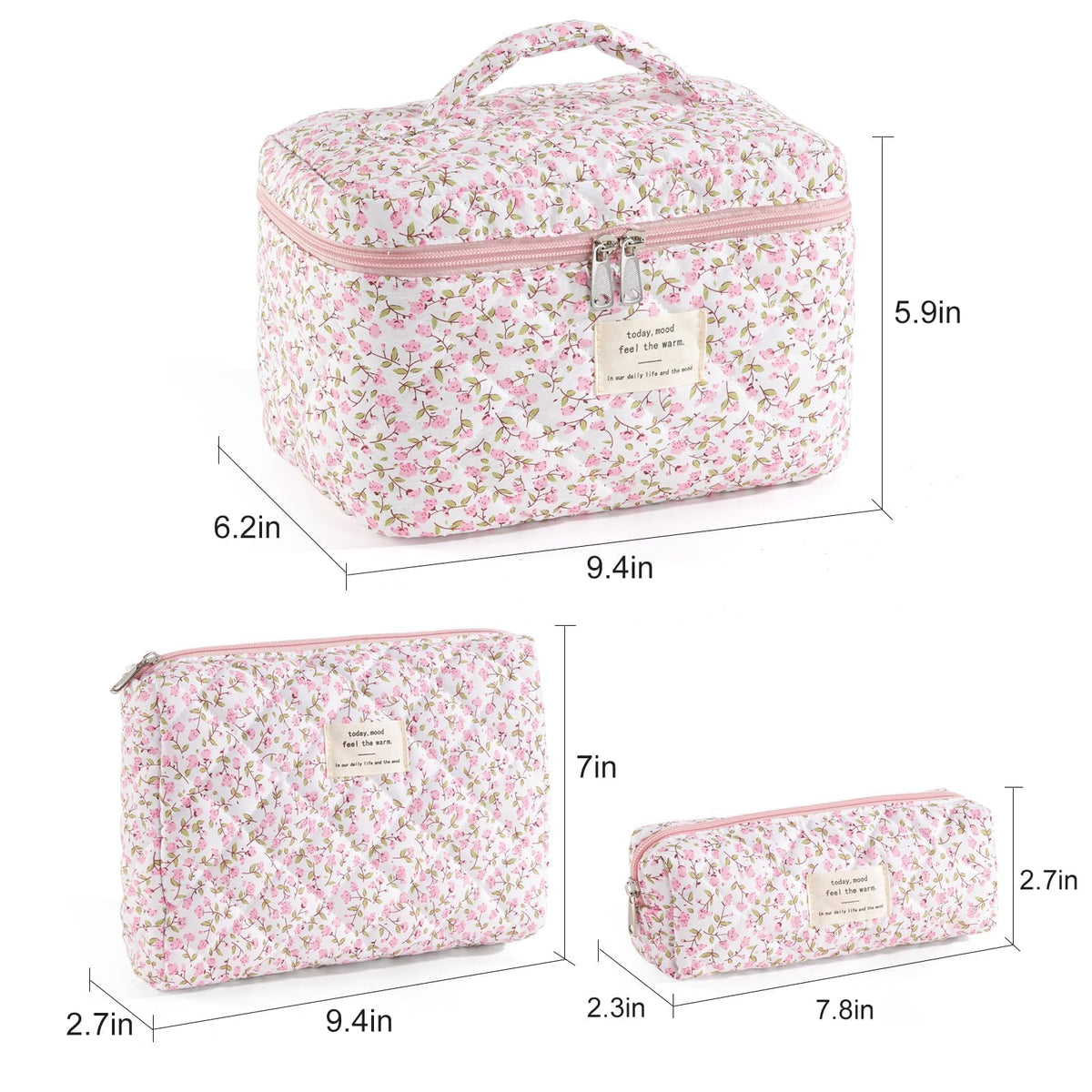 UUYUUY Makeup Bag for Women 3PCS Quilted Cotton Make Up Bag Travel Cosmetic Bag Large Makeup Bag Set Cute Makeups Organizer Floral Toiletry Pouch for Purse, Pink Floral D - thewildfolk UUYUUY Makeup Bag for Women 3PCS Quilted Cotton Make Up Bag Travel Cosmetic Bag Large Makeup Bag Set Cute Makeups Organizer Floral Toiletry Pouch for Purse, Pink Floral D