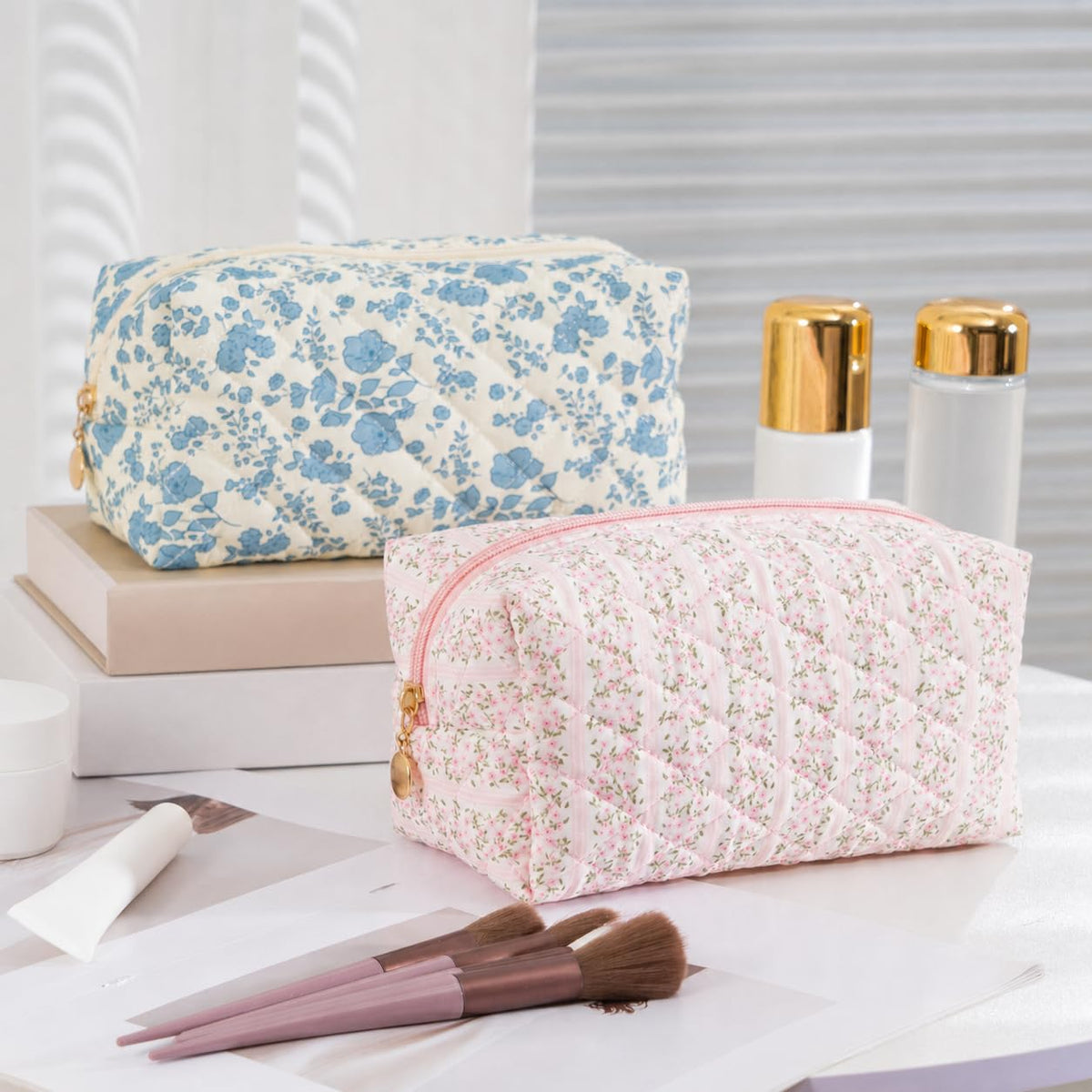 UUYUUY Makeup Bag Travel Toiletry Bag for Women, Small Cosmetic Bags Cute Quilted Cotton Makeup Pouch for Purse Emergency Bag Pencil Case Accessory Bag, Pastel Pink - thewildfolk UUYUUY Makeup Bag Travel Toiletry Bag for Women, Small Cosmetic Bags Cute Quilted Cotton Makeup Pouch for Purse Emergency Bag Pencil Case Accessory Bag, Pastel Pink