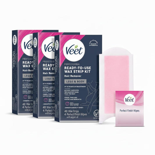 VEET Ready-To-Use Waxing Kit For Women, Wax Strips For Body Hair Removal, Wax Kit For Legs and Body, Personal Care Product, Hair Remover, 40ct Waxing Strips, 4ct Body Wipes (Pack of 3) - thewildfolk VEET Ready-To-Use Waxing Kit For Women, Wax Strips For Body Hair Removal, Wax Kit For Legs and Body, Personal Care Product, Hair Remover, 40ct Waxing Strips, 4ct Body Wipes (Pack of 3)