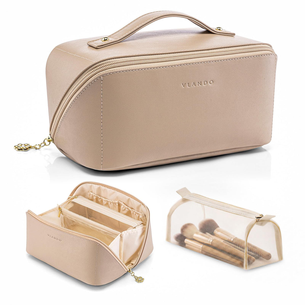 VLANDO Travel Makeup Bag with 180°Opening, Women Toiletry Case,Toffee - thewildfolk VLANDO Travel Makeup Bag with 180°Opening, Women Toiletry Case,Toffee