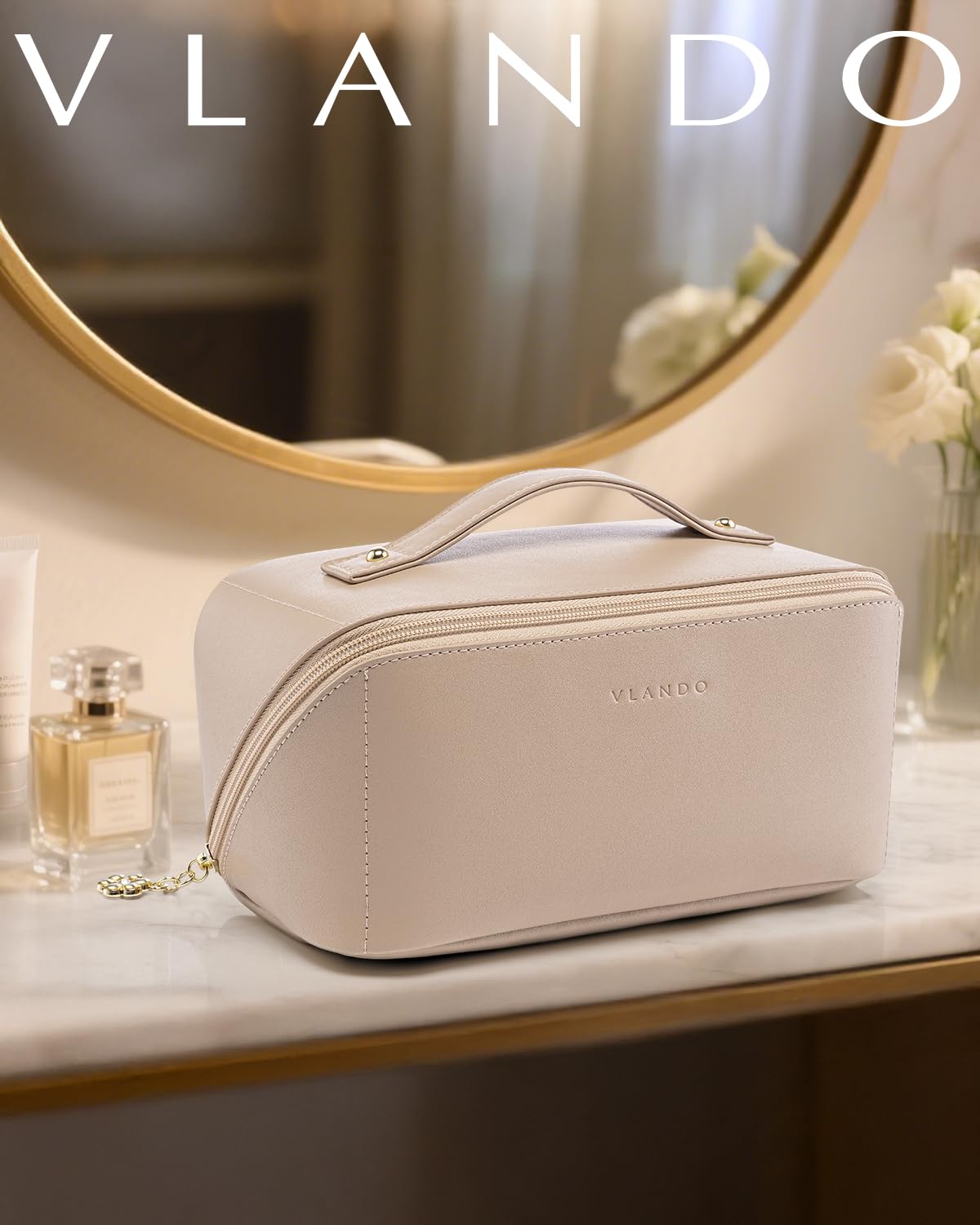 VLANDO Travel Makeup Bag with 180°Opening, Women Toiletry Case,Toffee - thewildfolk VLANDO Travel Makeup Bag with 180°Opening, Women Toiletry Case,Toffee