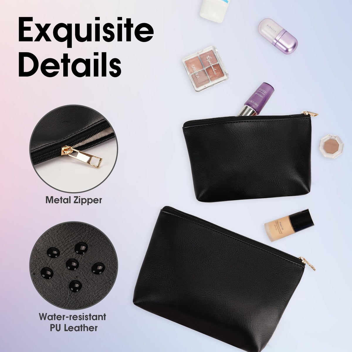 Wandering Nature Makeup Bag Small Cosmetic Bag for Purse 2 Pack Small Make Up Pouch Vegan Leather Cute Travel Pouch with Zipper for Women, Black - thewildfolk Wandering Nature Makeup Bag Small Cosmetic Bag for Purse 2 Pack Small Make Up Pouch Vegan Leather Cute Travel Pouch with Zipper for Women, Black
