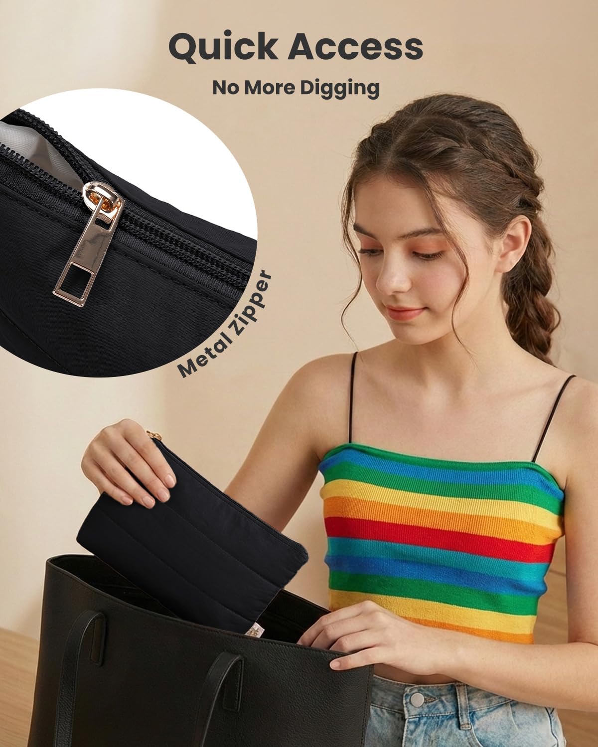 Wandering Nature Small Makeup Bag 2 Pack Cosmetic Bag for Purse, Puffer Quilted Makeup Pouch, Cute Travel Pouch with Zipper for Women, Black - thewildfolk Wandering Nature Small Makeup Bag 2 Pack Cosmetic Bag for Purse, Puffer Quilted Makeup Pouch, Cute Travel Pouch with Zipper for Women, Black