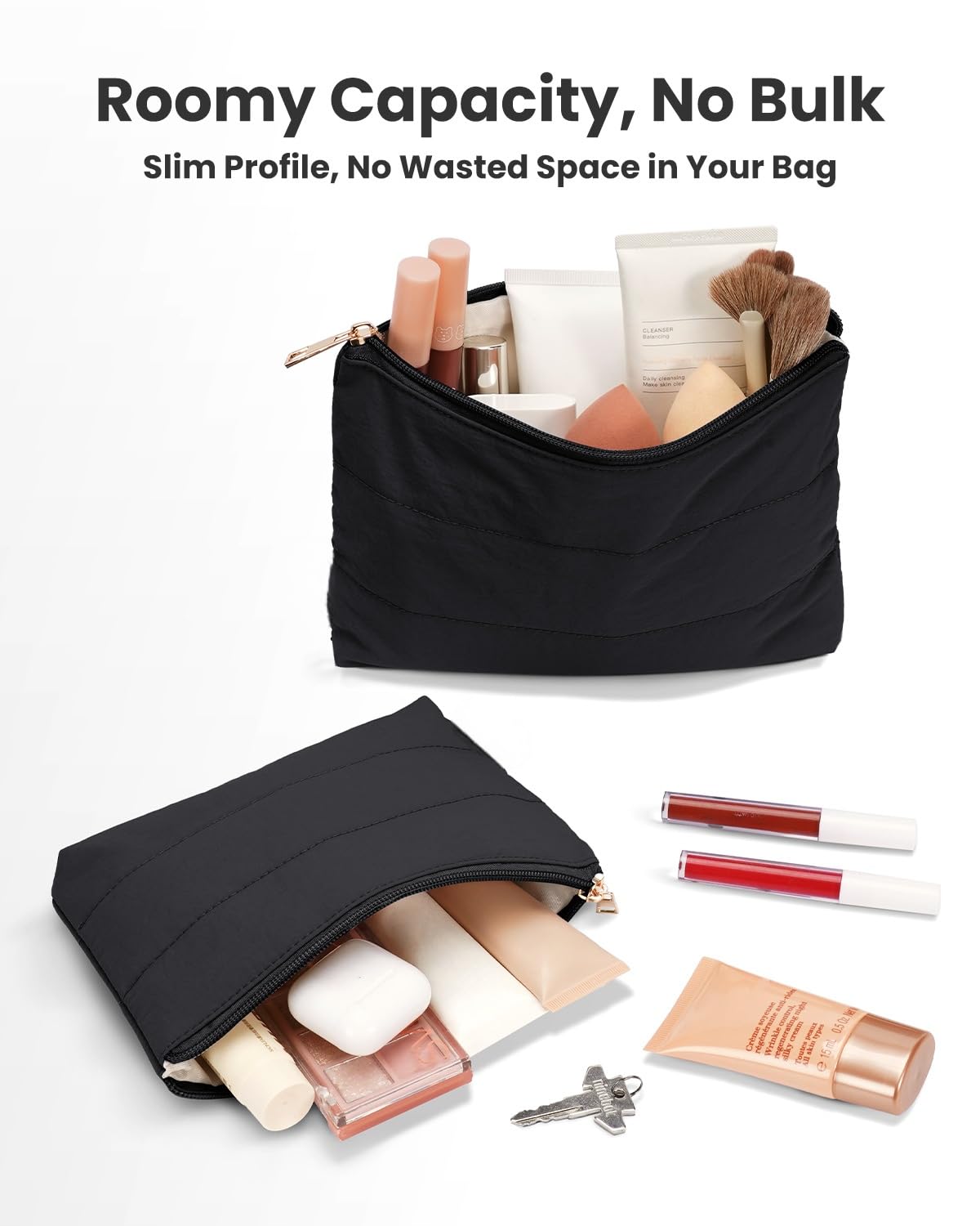 Wandering Nature Small Makeup Bag 2 Pack Cosmetic Bag for Purse, Puffer Quilted Makeup Pouch, Cute Travel Pouch with Zipper for Women, Black - thewildfolk Wandering Nature Small Makeup Bag 2 Pack Cosmetic Bag for Purse, Puffer Quilted Makeup Pouch, Cute Travel Pouch with Zipper for Women, Black