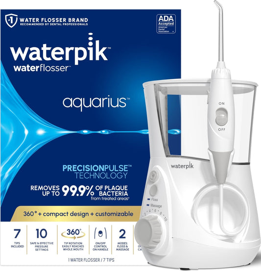 Waterpik Aquarius Countertop Water Flosser with 10 Settings, 7 Tips, White - thewildfolk Waterpik Aquarius Countertop Water Flosser with 10 Settings, 7 Tips, White