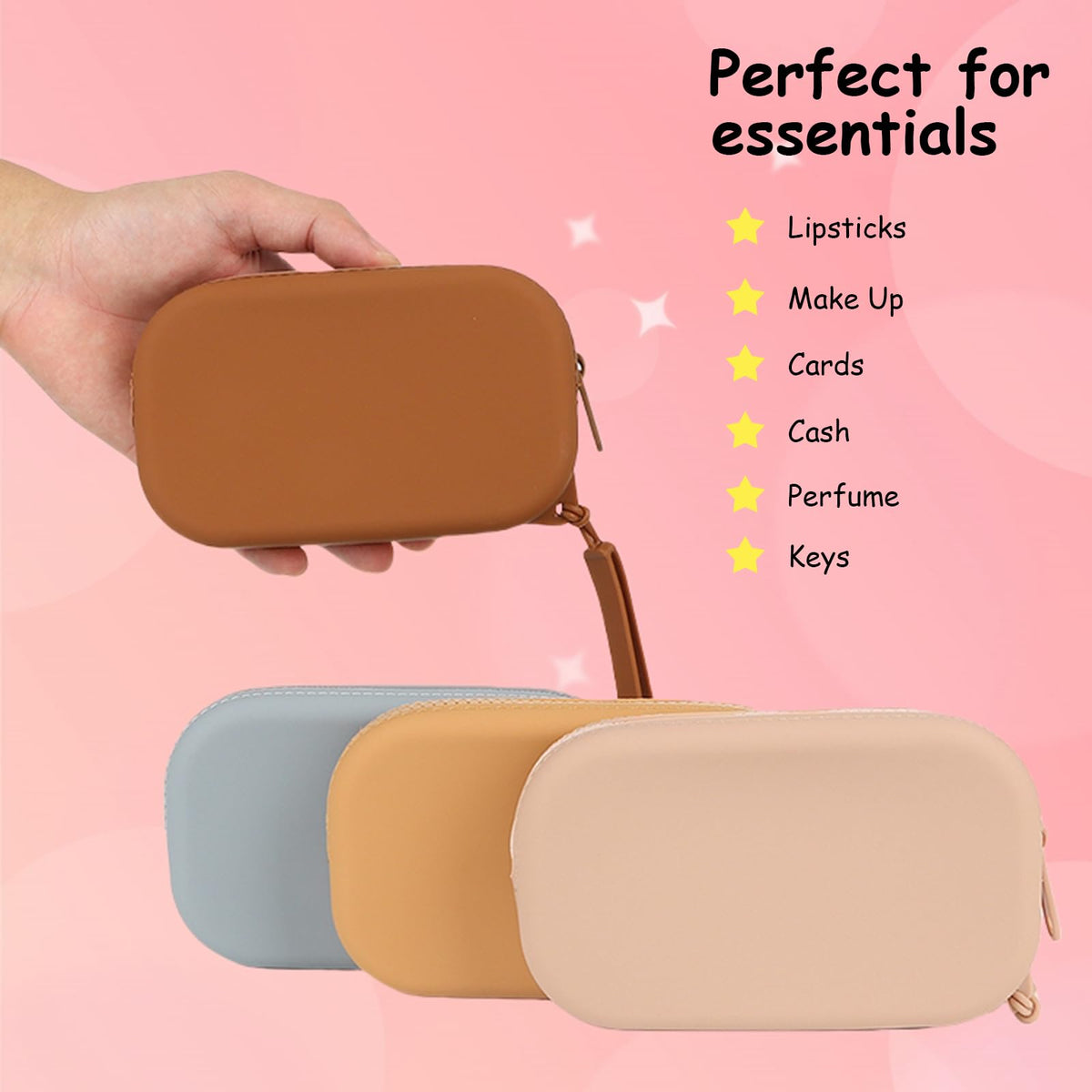 WHHJM Small Silicone Multifunctional Essential Bag Portable Travel Makeup Bag for Women Men Cards Cash Bag Zipper Pouch (Brown) - thewildfolk WHHJM Small Silicone Multifunctional Essential Bag Portable Travel Makeup Bag for Women Men Cards Cash Bag Zipper Pouch (Brown)