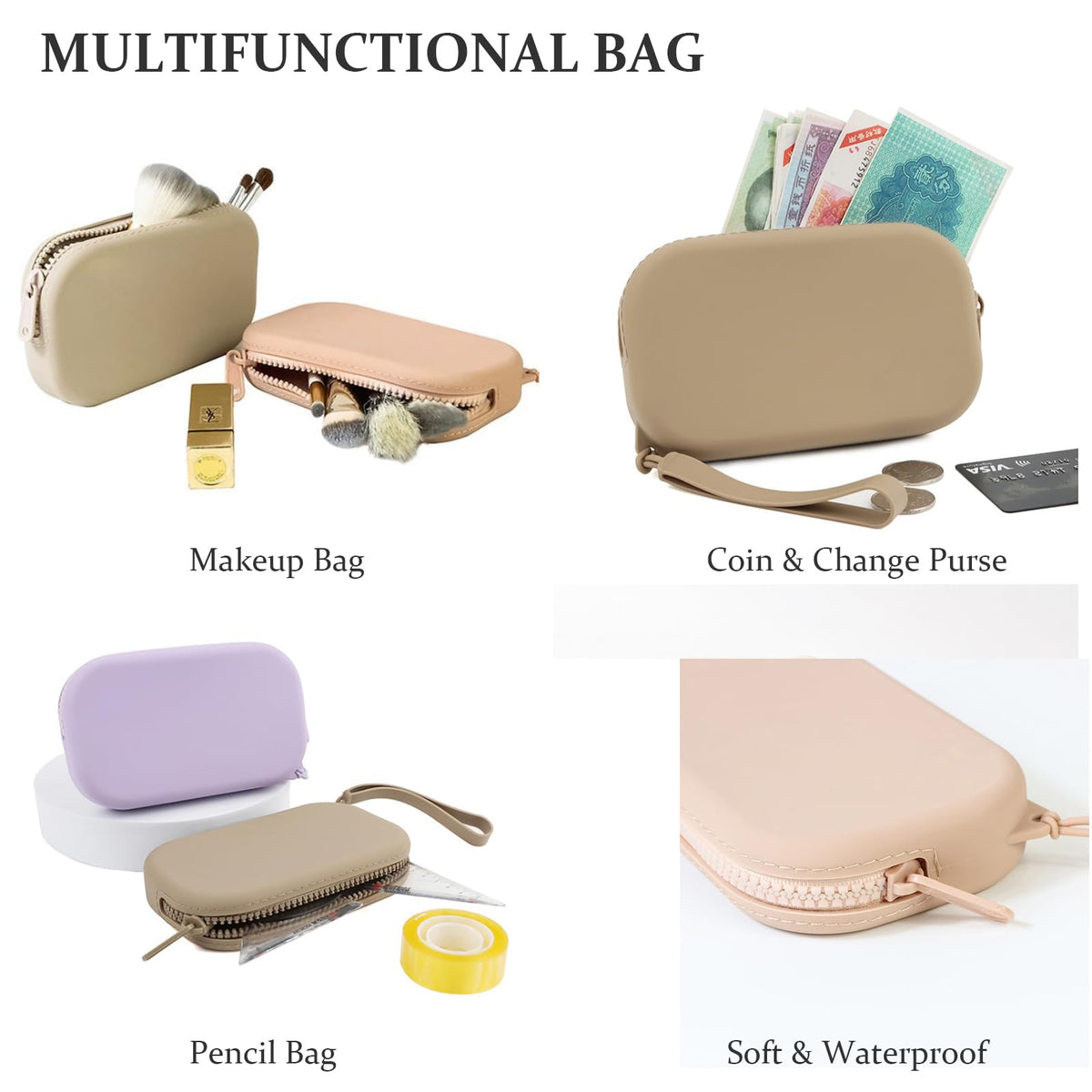 WHHJM Small Silicone Multifunctional Essential Bag Portable Travel Makeup Bag for Women Men Cards Cash Bag Zipper Pouch (Brown) - thewildfolk WHHJM Small Silicone Multifunctional Essential Bag Portable Travel Makeup Bag for Women Men Cards Cash Bag Zipper Pouch (Brown)