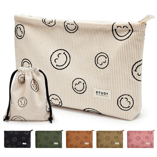 WLLWOO 2pcs Makeup Bag Smile Face Corduroy Cosmetic Pouch for Women Purse - thewildfolk WLLWOO 2pcs Makeup Bag Smile Face Corduroy Cosmetic Pouch for Women Purse