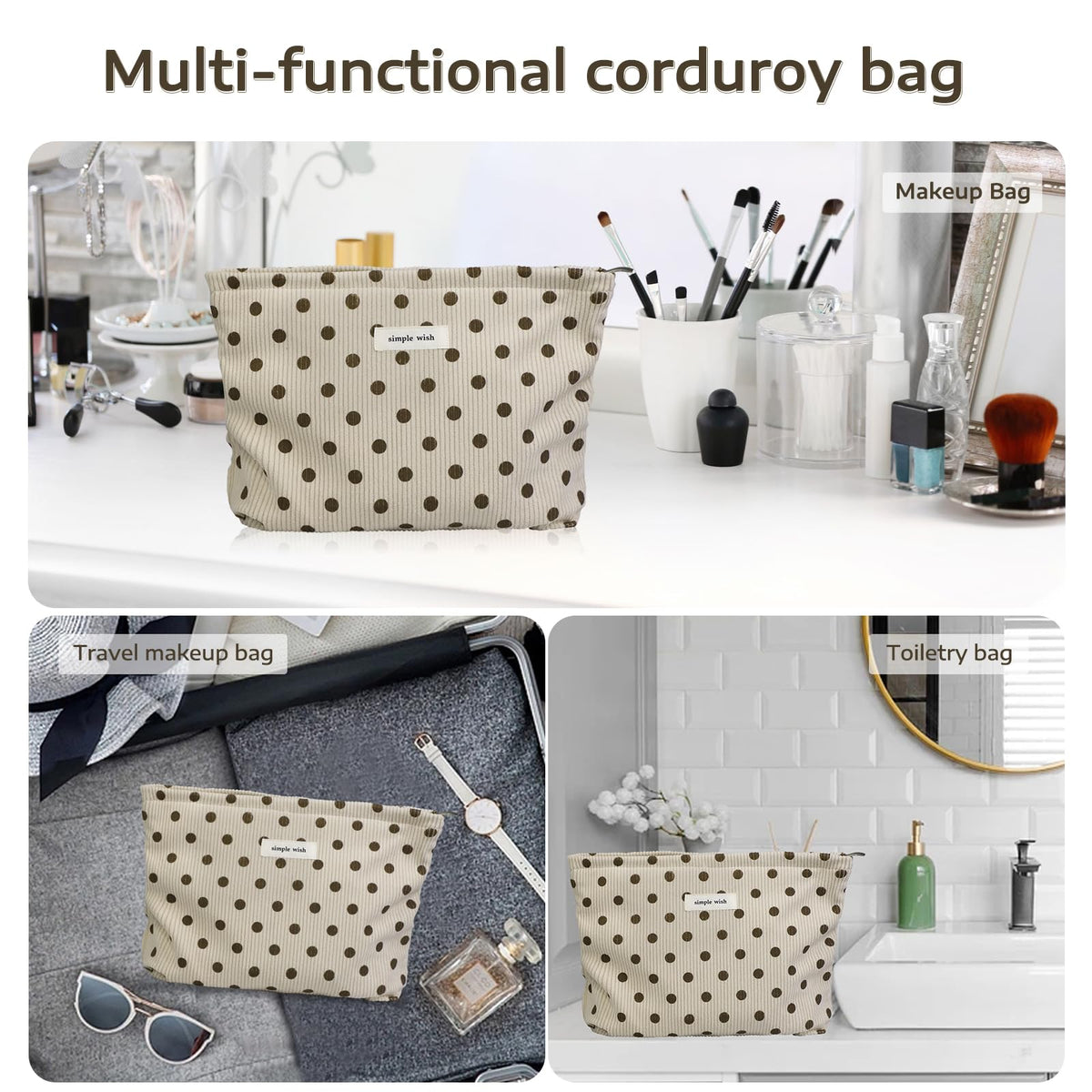 Wudygirl Makeup Bag for Women Travel Cosmetic Bag 10.5"x7.5" Beige Dot - thewildfolk Wudygirl Makeup Bag for Women Travel Cosmetic Bag 10.5"x7.5" Beige Dot