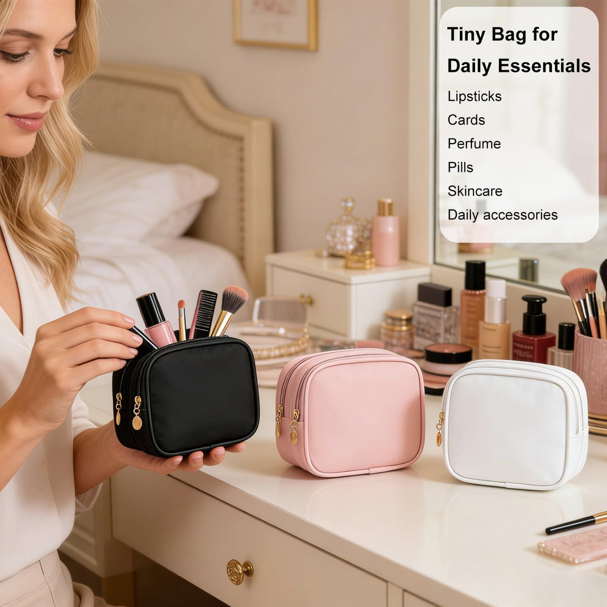 XIAOLER Small Makeup Pouch, Double Zipper Cosmetic Bag, Travel Makeup Bag, Cute Makeup Bag for Purse, Mini Toiletry Bag (blue) - thewildfolk XIAOLER Small Makeup Pouch, Double Zipper Cosmetic Bag, Travel Makeup Bag, Cute Makeup Bag for Purse, Mini Toiletry Bag (blue)