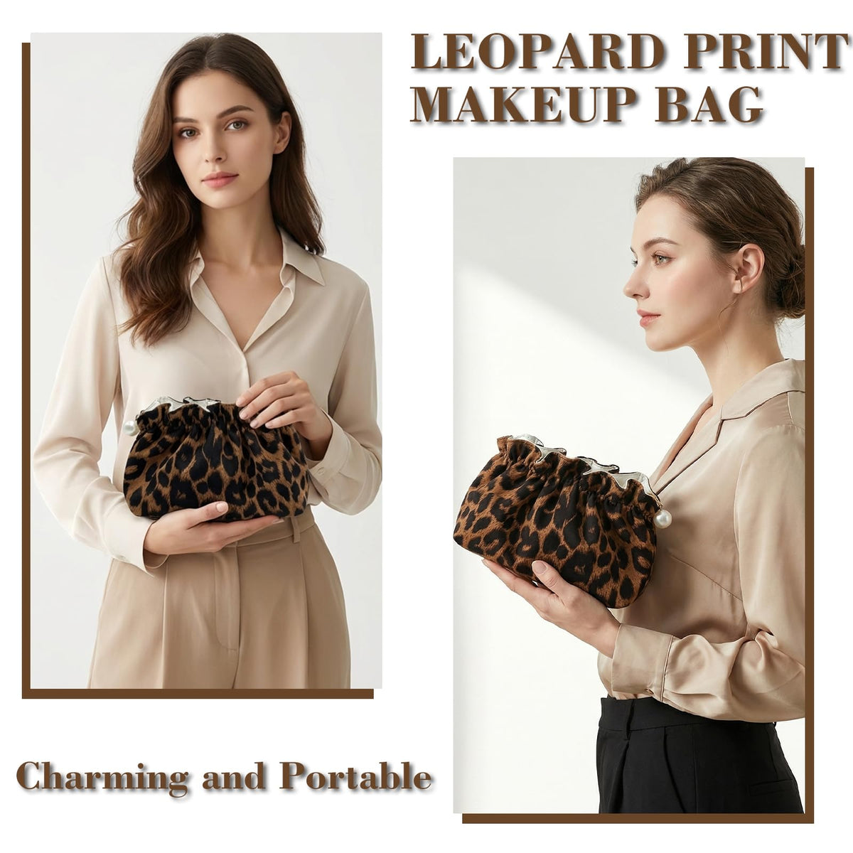 Xllhjg Leopard Makeup Bag for Women Girls,Cute Cheetah Travel Toiletry Cosmetic Bags,Aesthetic Make Up Bag Portable Zipper Skincare Storage Organizer Pouch with Pearl Decoration - thewildfolk Xllhjg Leopard Makeup Bag for Women Girls,Cute Cheetah Travel Toiletry Cosmetic Bags,Aesthetic Make Up Bag Portable Zipper Skincare Storage Organizer Pouch with Pearl Decoration
