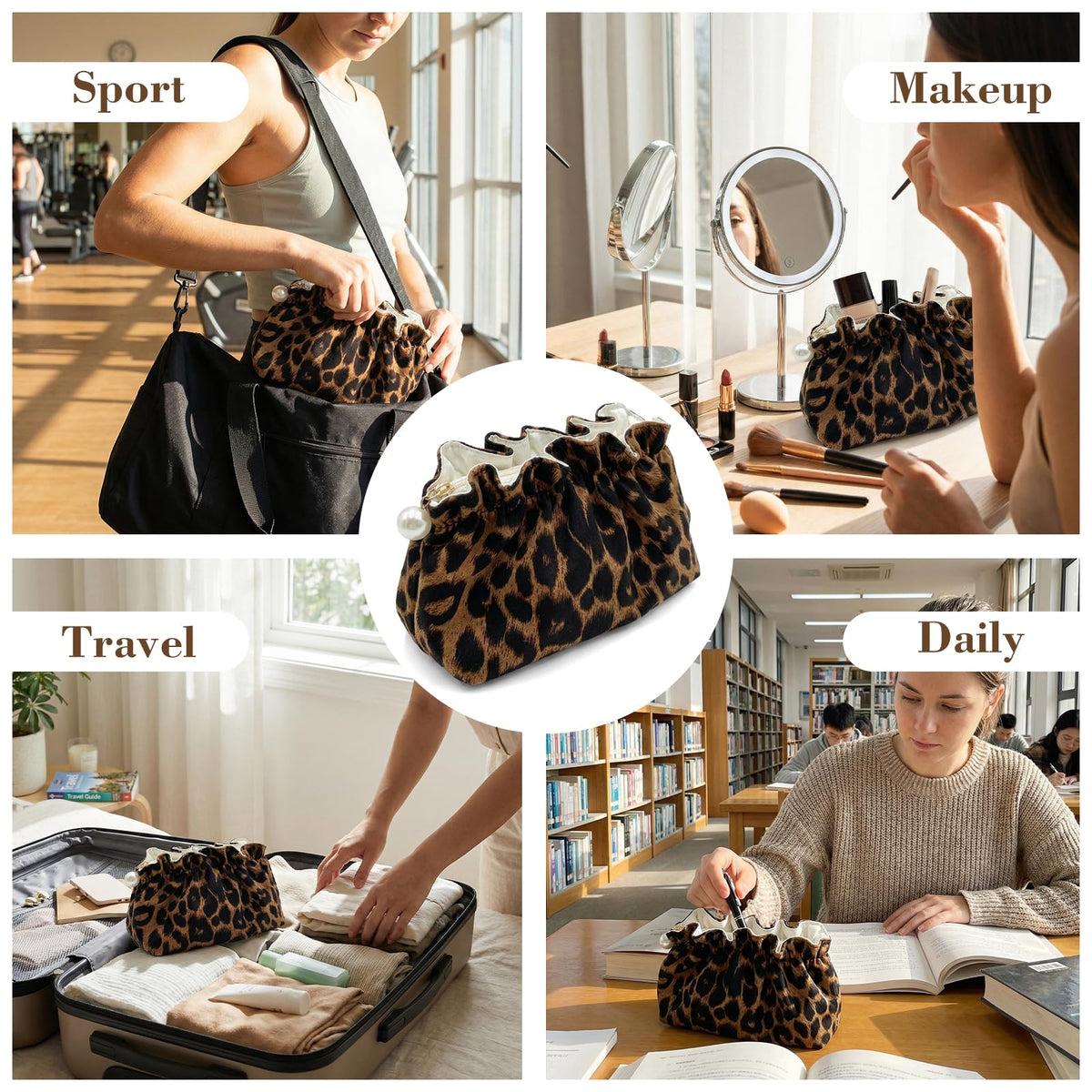 Xllhjg Leopard Makeup Bag for Women Girls,Cute Cheetah Travel Toiletry Cosmetic Bags,Aesthetic Make Up Bag Portable Zipper Skincare Storage Organizer Pouch with Pearl Decoration - thewildfolk Xllhjg Leopard Makeup Bag for Women Girls,Cute Cheetah Travel Toiletry Cosmetic Bags,Aesthetic Make Up Bag Portable Zipper Skincare Storage Organizer Pouch with Pearl Decoration