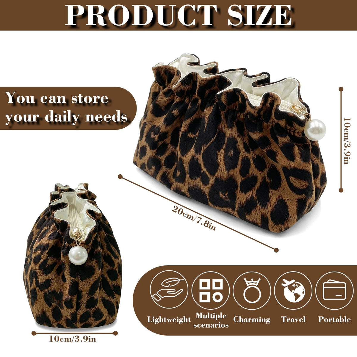 Xllhjg Leopard Makeup Bag for Women Girls,Cute Cheetah Travel Toiletry Cosmetic Bags,Aesthetic Make Up Bag Portable Zipper Skincare Storage Organizer Pouch with Pearl Decoration - thewildfolk Xllhjg Leopard Makeup Bag for Women Girls,Cute Cheetah Travel Toiletry Cosmetic Bags,Aesthetic Make Up Bag Portable Zipper Skincare Storage Organizer Pouch with Pearl Decoration