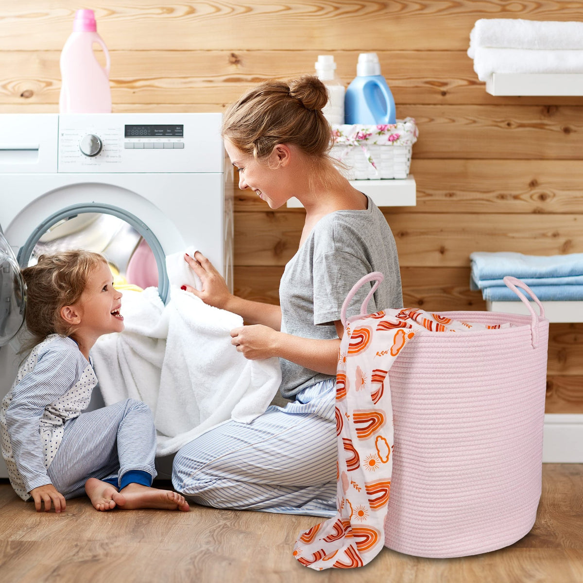 XUANGUO Cotton Rope Laundry Basket Hamper for Girls Kids Baby Nursery Pink - thewildfolk XUANGUO Cotton Rope Laundry Basket Hamper for Girls Kids Baby Nursery Pink