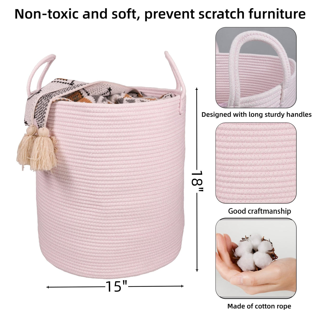XUANGUO Cotton Rope Laundry Basket Hamper for Girls Kids Baby Nursery Pink - thewildfolk XUANGUO Cotton Rope Laundry Basket Hamper for Girls Kids Baby Nursery Pink