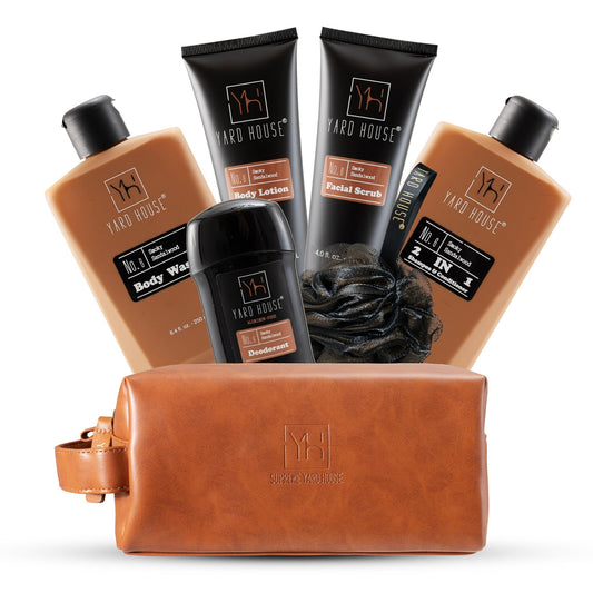 YARD HOUSE Luxury Mens Bath and Body Gift Set Basket For Him - Smoky Sandalwood - All Natural Skin Care Kit For Men w. Full Size Body Wash, Facial Scrub, Body Lotion, Deodorant in Leather Toiletry Bag - thewildfolk YARD HOUSE Luxury Mens Bath and Body Gift Set Basket For Him - Smoky Sandalwood - All Natural Skin Care Kit For Men w. Full Size Body Wash, Facial Scrub, Body Lotion, Deodorant in Leather Toiletry Bag