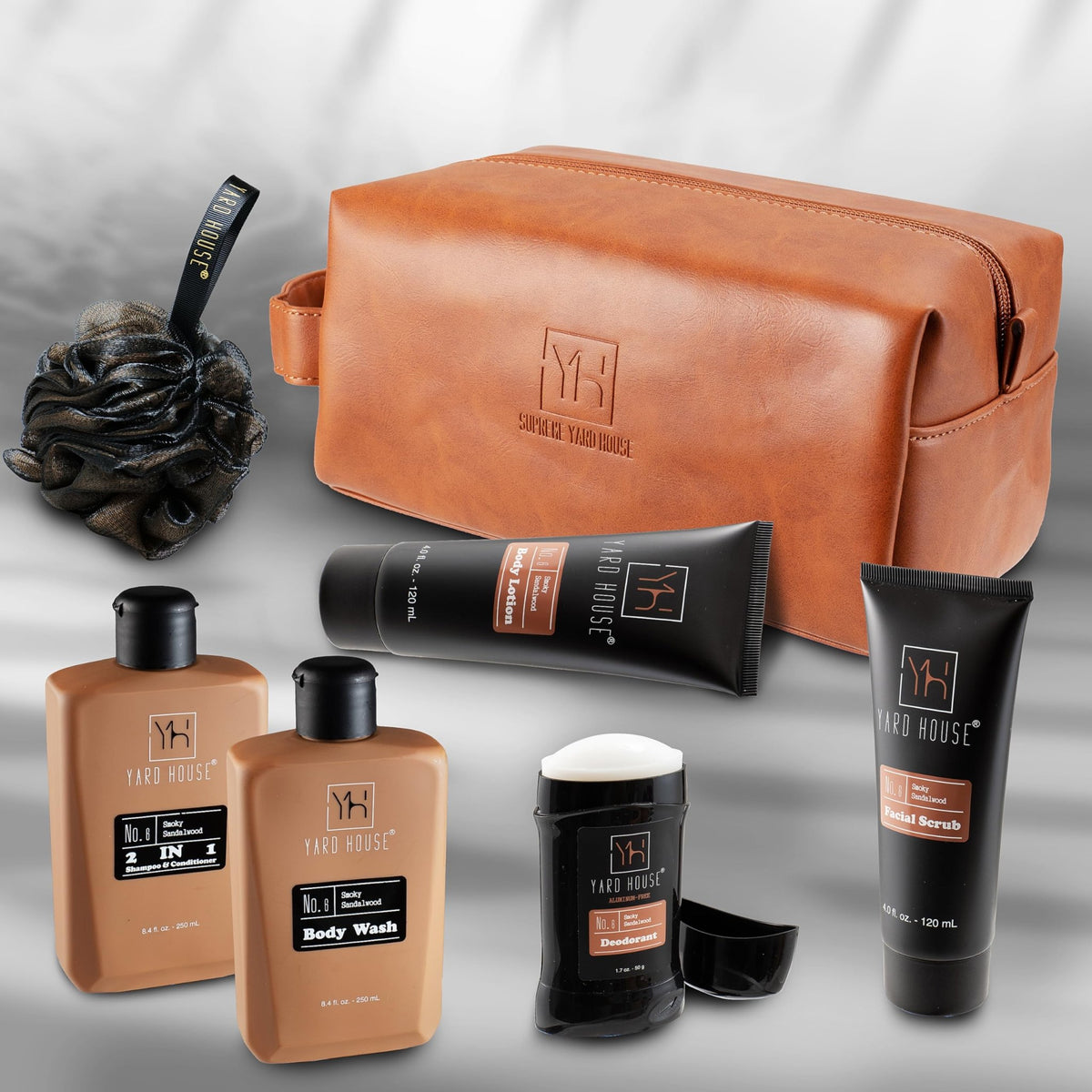 YARD HOUSE Luxury Mens Bath and Body Gift Set Basket For Him - Smoky Sandalwood - All Natural Skin Care Kit For Men w. Full Size Body Wash, Facial Scrub, Body Lotion, Deodorant in Leather Toiletry Bag - thewildfolk YARD HOUSE Luxury Mens Bath and Body Gift Set Basket For Him - Smoky Sandalwood - All Natural Skin Care Kit For Men w. Full Size Body Wash, Facial Scrub, Body Lotion, Deodorant in Leather Toiletry Bag