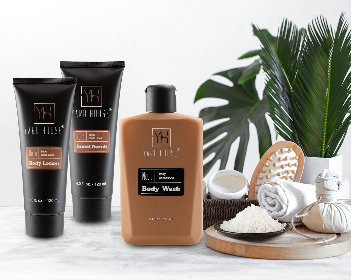 YARD HOUSE Luxury Mens Bath and Body Gift Set Basket For Him - Smoky Sandalwood - All Natural Skin Care Kit For Men w. Full Size Body Wash, Facial Scrub, Body Lotion, Deodorant in Leather Toiletry Bag - thewildfolk YARD HOUSE Luxury Mens Bath and Body Gift Set Basket For Him - Smoky Sandalwood - All Natural Skin Care Kit For Men w. Full Size Body Wash, Facial Scrub, Body Lotion, Deodorant in Leather Toiletry Bag