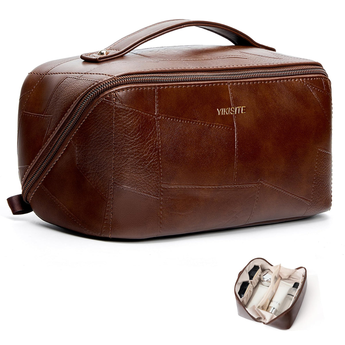 Yikisite Makeup Bag, Travel Cosmetic Bags toiletry bag for Women, Waterproof PU Leather Make Up Pouch Organizer Travel Essentials Organizer with Divider (Brown) - thewildfolk Yikisite Makeup Bag, Travel Cosmetic Bags toiletry bag for Women, Waterproof PU Leather Make Up Pouch Organizer Travel Essentials Organizer with Divider (Brown)