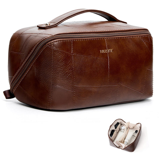 Yikisite Makeup Bag, Travel Cosmetic Bags toiletry bag for Women, Waterproof PU Leather Make Up Pouch Organizer Travel Essentials Organizer with Divider (Brown) - thewildfolk Yikisite Makeup Bag, Travel Cosmetic Bags toiletry bag for Women, Waterproof PU Leather Make Up Pouch Organizer Travel Essentials Organizer with Divider (Brown)