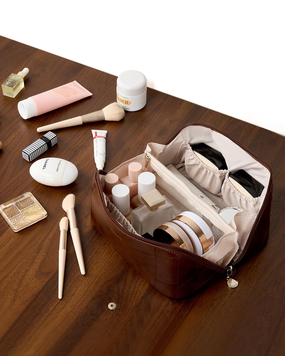 Yikisite Makeup Bag, Travel Cosmetic Bags toiletry bag for Women, Waterproof PU Leather Make Up Pouch Organizer Travel Essentials Organizer with Divider (Brown) - thewildfolk Yikisite Makeup Bag, Travel Cosmetic Bags toiletry bag for Women, Waterproof PU Leather Make Up Pouch Organizer Travel Essentials Organizer with Divider (Brown)