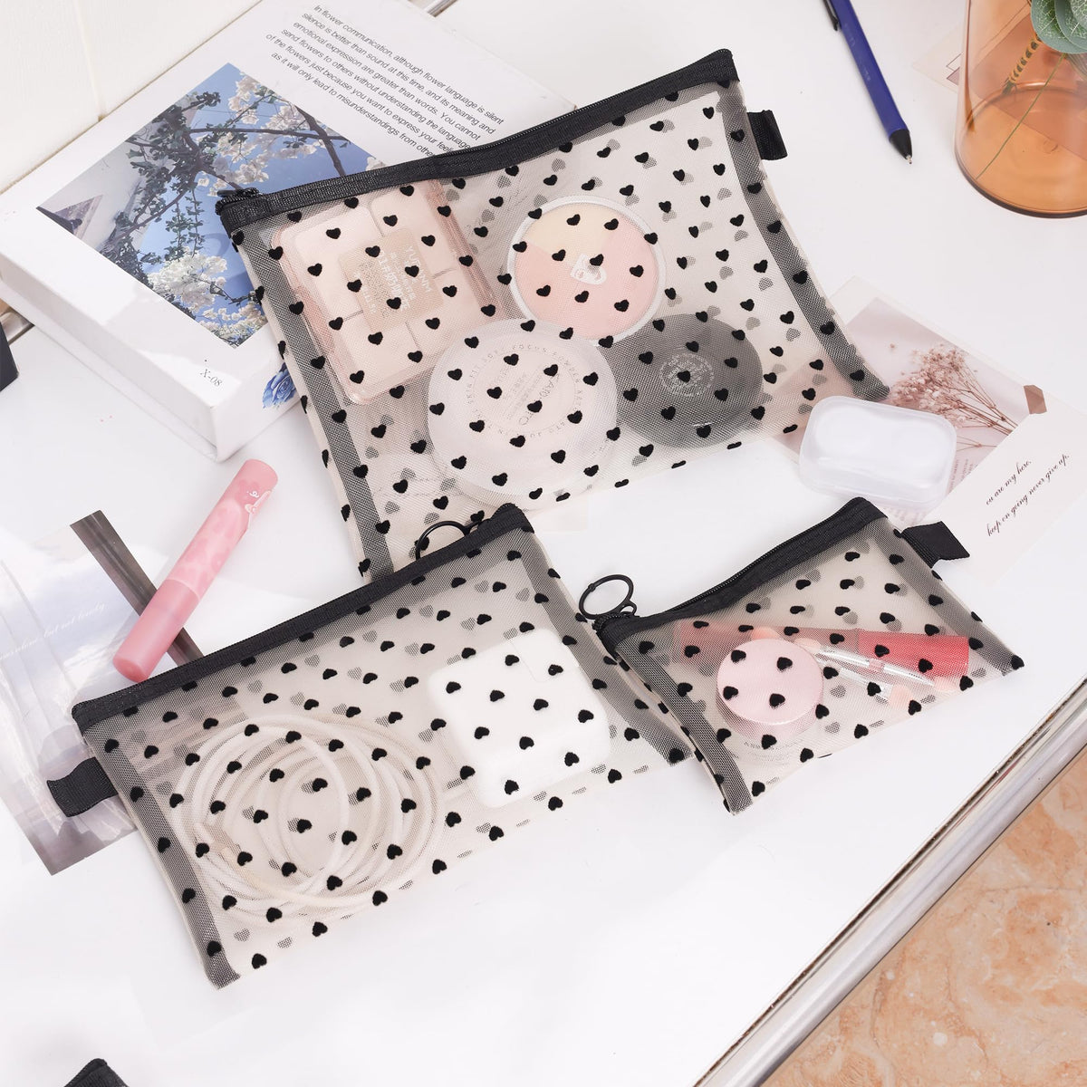 Ymcafmo 6-Piece Heart Printed Mesh Makeup Bag Set – Small Pouches for Purse, Mesh Pouch, Pouches for Inside Purse, Pouch for Bags with Zipper（Beige） - thewildfolk Ymcafmo 6-Piece Heart Printed Mesh Makeup Bag Set – Small Pouches for Purse, Mesh Pouch, Pouches for Inside Purse, Pouch for Bags with Zipper（Beige）