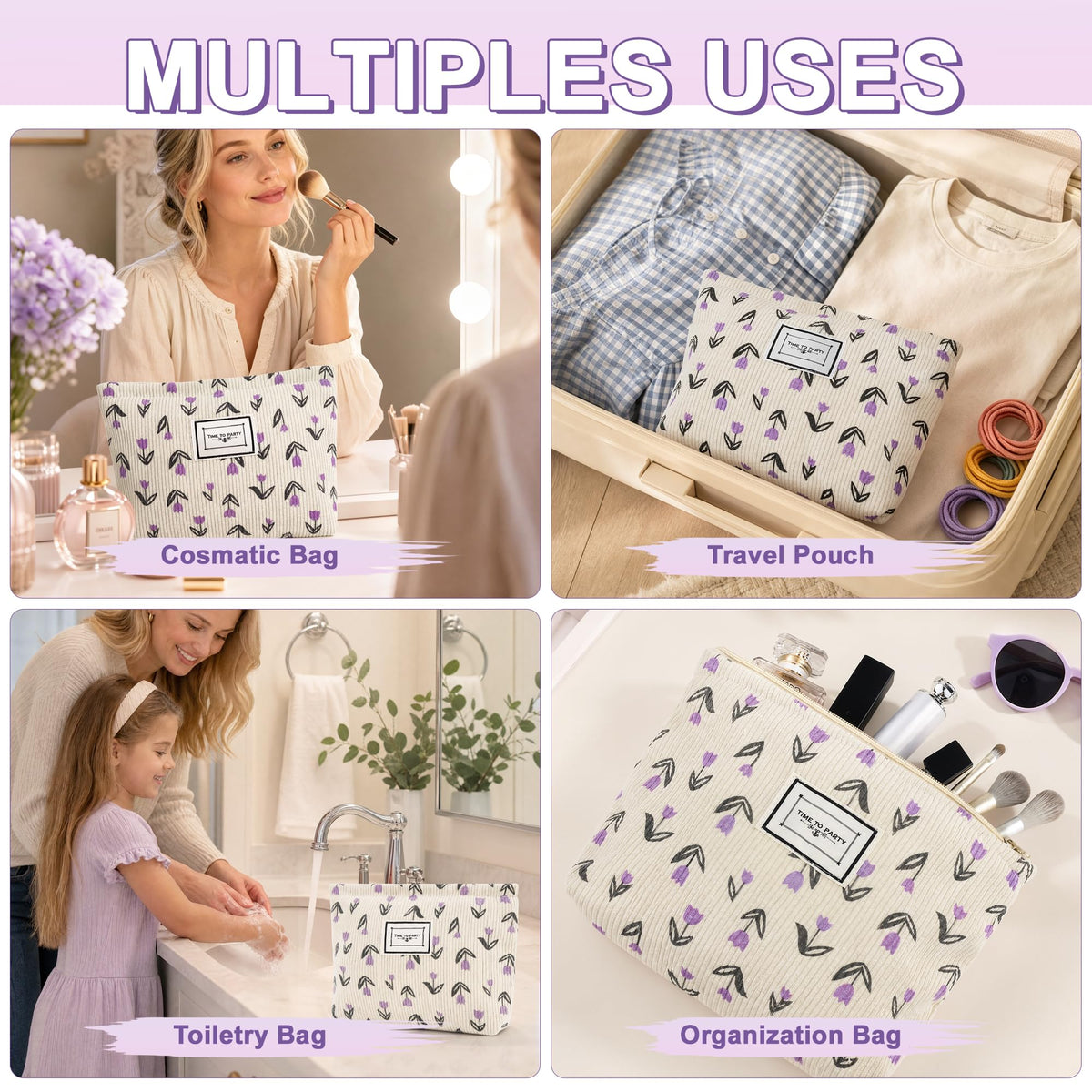 YURUGEAR Corduroy Cute Cosmetic Makeup Bag for Women Purple Floral - thewildfolk YURUGEAR Corduroy Cute Cosmetic Makeup Bag for Women Purple Floral