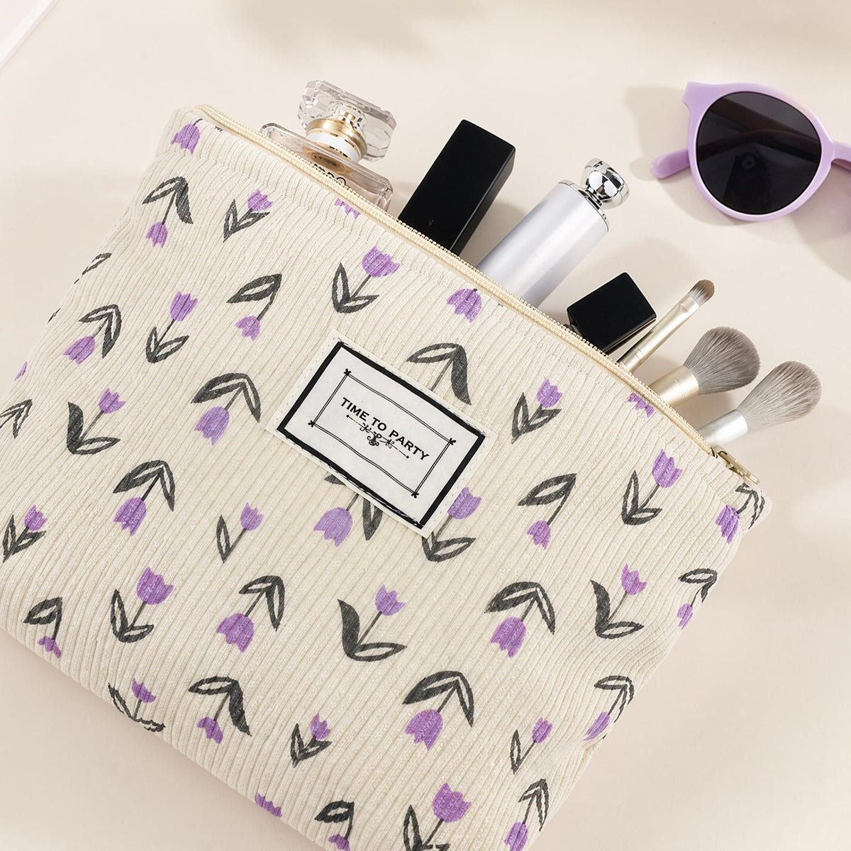 YURUGEAR Corduroy Cute Cosmetic Makeup Bag for Women Purple Floral - thewildfolk YURUGEAR Corduroy Cute Cosmetic Makeup Bag for Women Purple Floral
