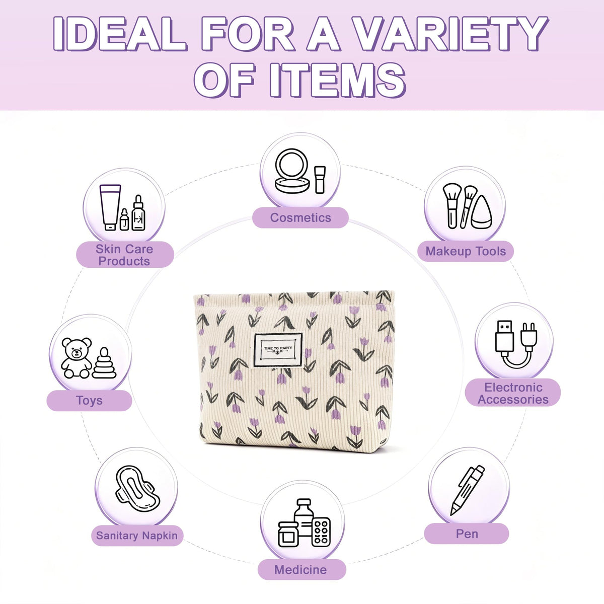 YURUGEAR Corduroy Cute Cosmetic Makeup Bag for Women Purple Floral - thewildfolk YURUGEAR Corduroy Cute Cosmetic Makeup Bag for Women Purple Floral