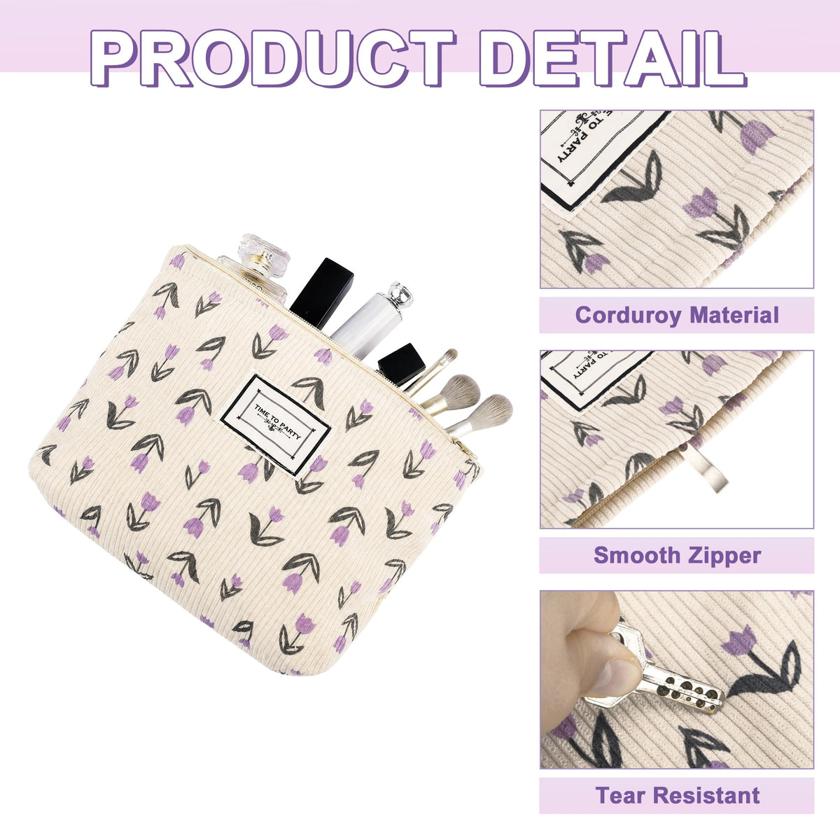 YURUGEAR Corduroy Cute Cosmetic Makeup Bag for Women Purple Floral - thewildfolk YURUGEAR Corduroy Cute Cosmetic Makeup Bag for Women Purple Floral