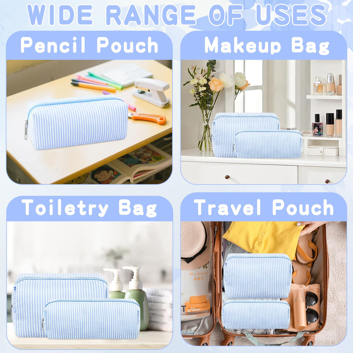 ZLFSRQ 2Pcs Striped Makeup Bag for Women Cozy Travel Cosmetic Bag Cute Aesthetic Blue Stripe Makeup Pouch for Purse Small Portable Pencil Pouch Preppy Pencil Case Zipper Skincare Storage Organizer - thewildfolk ZLFSRQ 2Pcs Striped Makeup Bag for Women Cozy Travel Cosmetic Bag Cute Aesthetic Blue Stripe Makeup Pouch for Purse Small Portable Pencil Pouch Preppy Pencil Case Zipper Skincare Storage Organizer