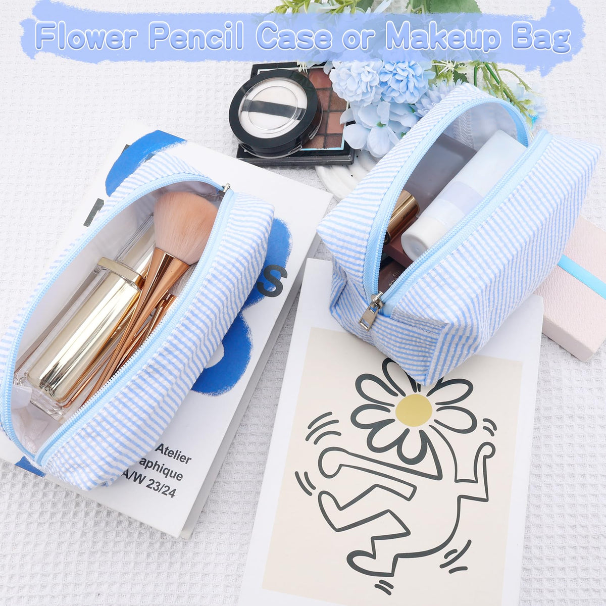 ZLFSRQ 2Pcs Striped Makeup Bag for Women Cozy Travel Cosmetic Bag Cute Aesthetic Blue Stripe Makeup Pouch for Purse Small Portable Pencil Pouch Preppy Pencil Case Zipper Skincare Storage Organizer - thewildfolk ZLFSRQ 2Pcs Striped Makeup Bag for Women Cozy Travel Cosmetic Bag Cute Aesthetic Blue Stripe Makeup Pouch for Purse Small Portable Pencil Pouch Preppy Pencil Case Zipper Skincare Storage Organizer