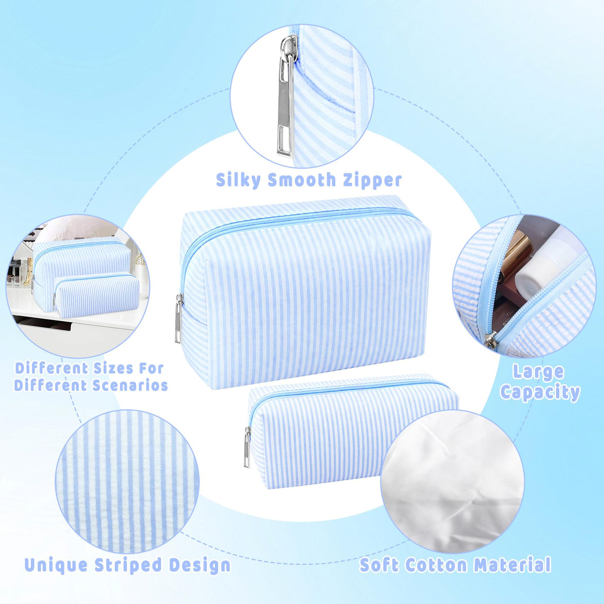 ZLFSRQ 2Pcs Striped Makeup Bag for Women Cozy Travel Cosmetic Bag Cute Aesthetic Blue Stripe Makeup Pouch for Purse Small Portable Pencil Pouch Preppy Pencil Case Zipper Skincare Storage Organizer - thewildfolk ZLFSRQ 2Pcs Striped Makeup Bag for Women Cozy Travel Cosmetic Bag Cute Aesthetic Blue Stripe Makeup Pouch for Purse Small Portable Pencil Pouch Preppy Pencil Case Zipper Skincare Storage Organizer
