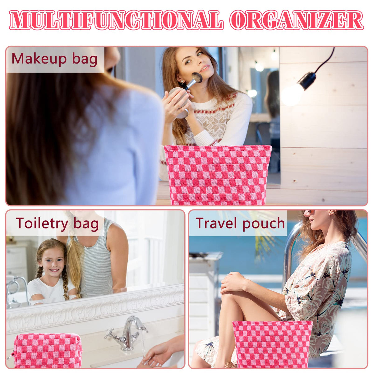 ZLFSRQ 3Pcs Makeup Bag Checkered Cosmetic Bag Set Travel Toiletry Bags for Purse Large Small Makeup Pouch for Women Cute Preppy Pencil Pouch Case Pink Zipper Skincare Bags - thewildfolk ZLFSRQ 3Pcs Makeup Bag Checkered Cosmetic Bag Set Travel Toiletry Bags for Purse Large Small Makeup Pouch for Women Cute Preppy Pencil Pouch Case Pink Zipper Skincare Bags
