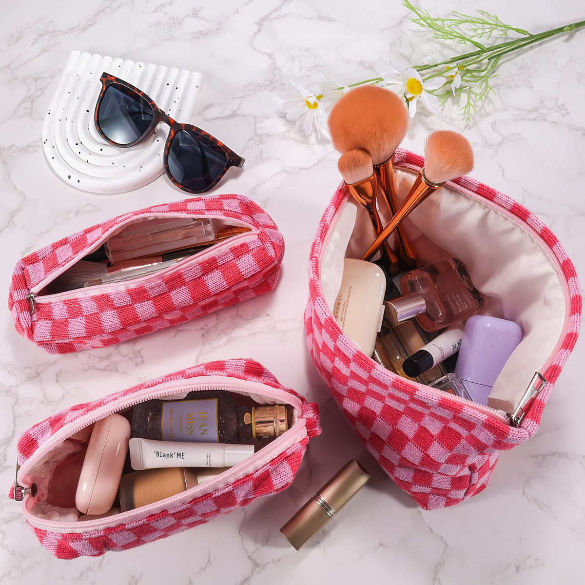 ZLFSRQ 3Pcs Makeup Bag Checkered Cosmetic Bag Set Travel Toiletry Bags for Purse Large Small Makeup Pouch for Women Cute Preppy Pencil Pouch Case Pink Zipper Skincare Bags - thewildfolk ZLFSRQ 3Pcs Makeup Bag Checkered Cosmetic Bag Set Travel Toiletry Bags for Purse Large Small Makeup Pouch for Women Cute Preppy Pencil Pouch Case Pink Zipper Skincare Bags