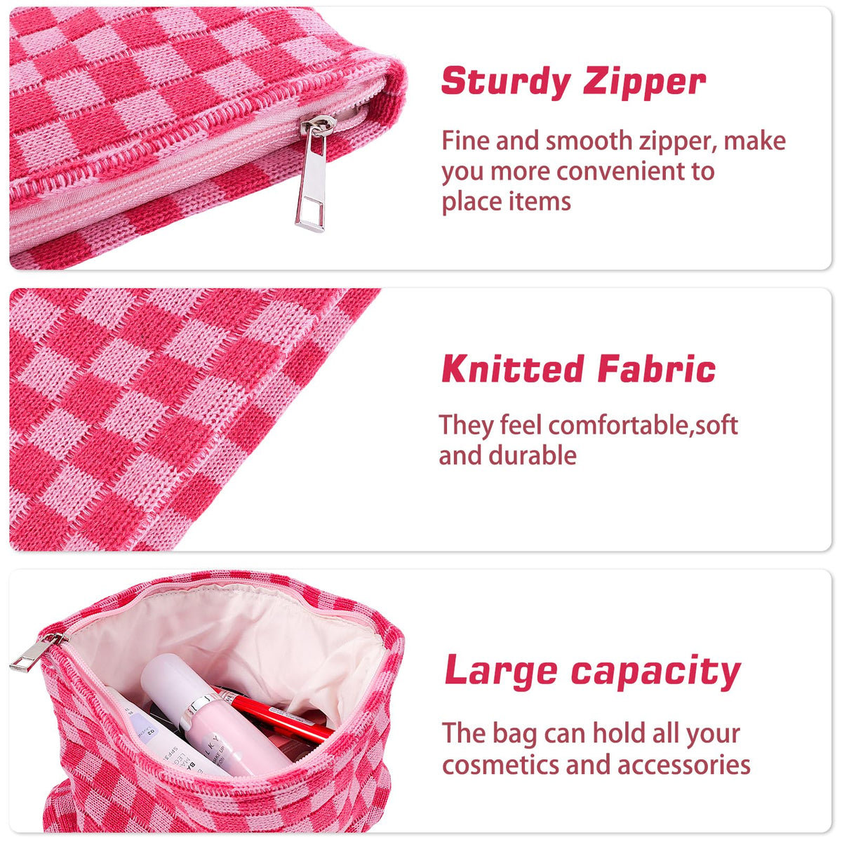 ZLFSRQ 3Pcs Makeup Bag Checkered Cosmetic Bag Set Travel Toiletry Bags for Purse Large Small Makeup Pouch for Women Cute Preppy Pencil Pouch Case Pink Zipper Skincare Bags - thewildfolk ZLFSRQ 3Pcs Makeup Bag Checkered Cosmetic Bag Set Travel Toiletry Bags for Purse Large Small Makeup Pouch for Women Cute Preppy Pencil Pouch Case Pink Zipper Skincare Bags