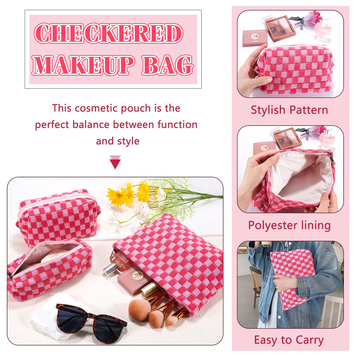 ZLFSRQ 3Pcs Makeup Bag Checkered Cosmetic Bag Set Travel Toiletry Bags for Purse Large Small Makeup Pouch for Women Cute Preppy Pencil Pouch Case Pink Zipper Skincare Bags - thewildfolk ZLFSRQ 3Pcs Makeup Bag Checkered Cosmetic Bag Set Travel Toiletry Bags for Purse Large Small Makeup Pouch for Women Cute Preppy Pencil Pouch Case Pink Zipper Skincare Bags