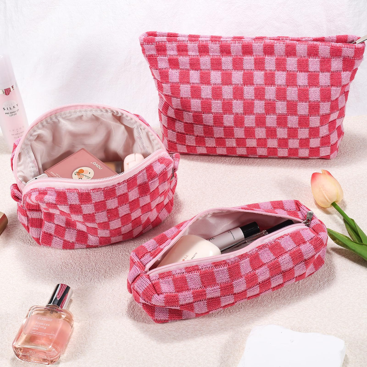 ZLFSRQ 3Pcs Makeup Bag Checkered Cosmetic Bag Set Travel Toiletry Bags for Purse Large Small Makeup Pouch for Women Cute Preppy Pencil Pouch Case Pink Zipper Skincare Bags - thewildfolk ZLFSRQ 3Pcs Makeup Bag Checkered Cosmetic Bag Set Travel Toiletry Bags for Purse Large Small Makeup Pouch for Women Cute Preppy Pencil Pouch Case Pink Zipper Skincare Bags