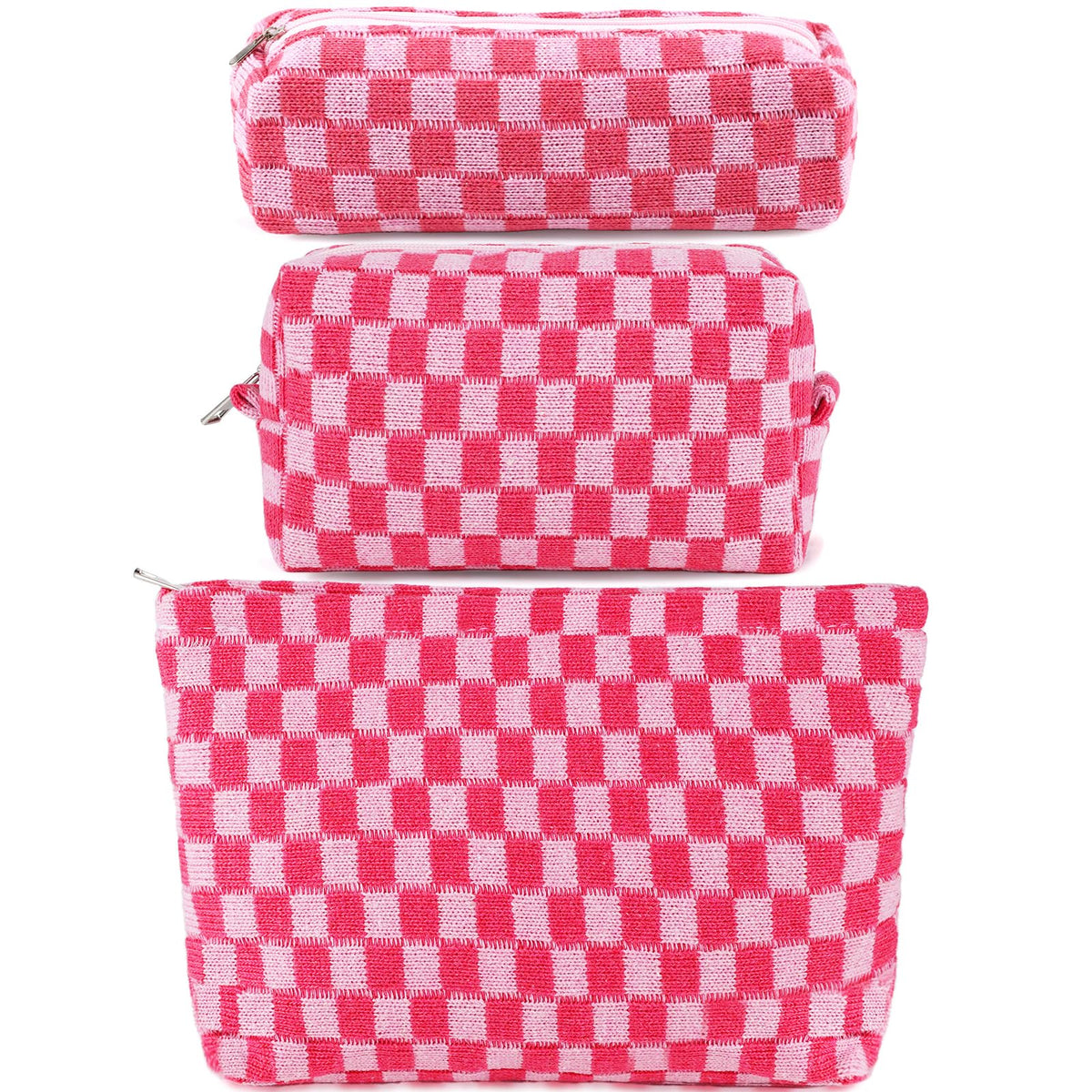 ZLFSRQ 3Pcs Makeup Bag Checkered Cosmetic Bag Set Travel Toiletry Bags for Purse Large Small Makeup Pouch for Women Cute Preppy Pencil Pouch Case Pink Zipper Skincare Bags - thewildfolk ZLFSRQ 3Pcs Makeup Bag Checkered Cosmetic Bag Set Travel Toiletry Bags for Purse Large Small Makeup Pouch for Women Cute Preppy Pencil Pouch Case Pink Zipper Skincare Bags