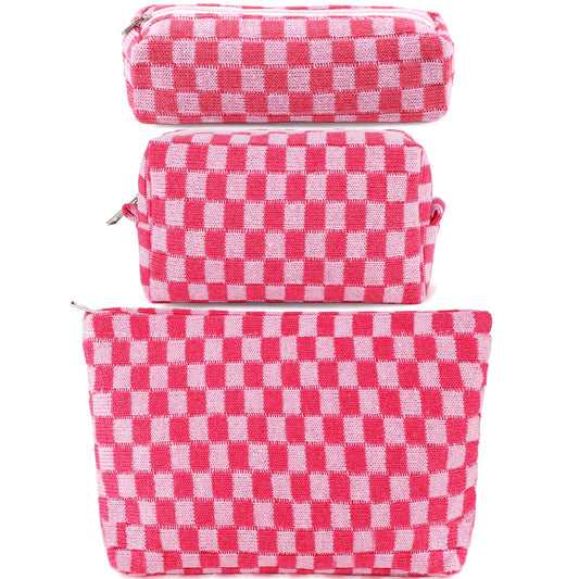 ZLFSRQ 3Pcs Makeup Bag Checkered Cosmetic Bag Set Travel Toiletry Bags for Purse Large Small Makeup Pouch for Women Cute Preppy Pencil Pouch Case Pink Zipper Skincare Bags - thewildfolk ZLFSRQ 3Pcs Makeup Bag Checkered Cosmetic Bag Set Travel Toiletry Bags for Purse Large Small Makeup Pouch for Women Cute Preppy Pencil Pouch Case Pink Zipper Skincare Bags
