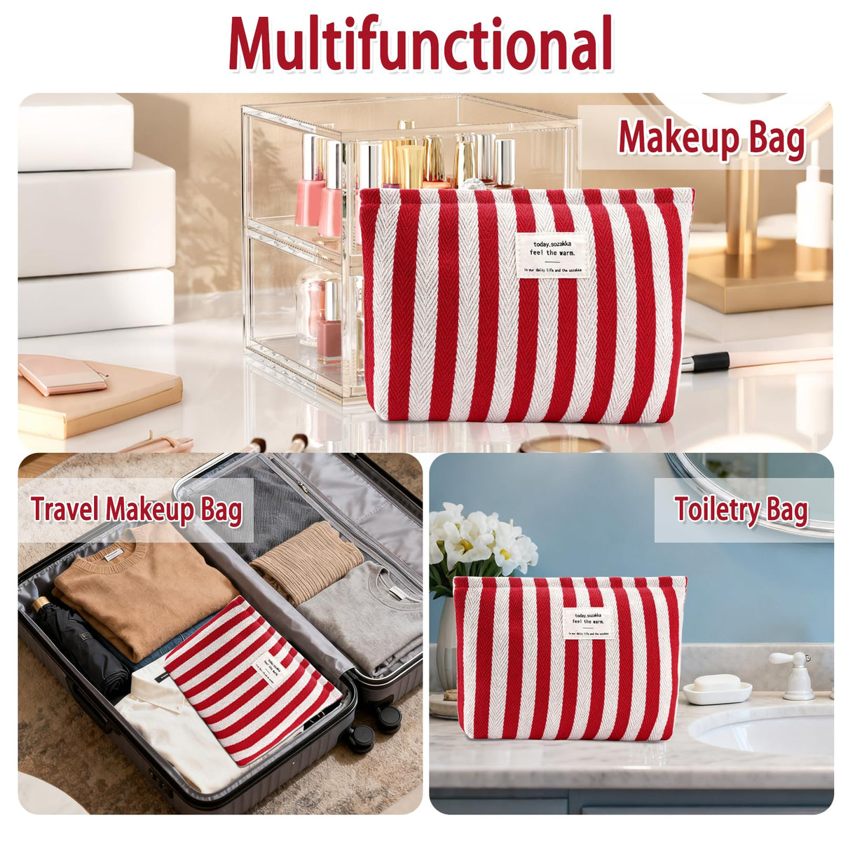 ZLFSRQ Striped Makeup Bag Large Canvas Travel Makeup Bag for Women Cosmetic Pouch Cute Red Striped Make Up Pouch for Purse Y2k Aesthetic Trendy Zippered Toiletry Bags Gift Skincare Storage Organizer - thewildfolk ZLFSRQ Striped Makeup Bag Large Canvas Travel Makeup Bag for Women Cosmetic Pouch Cute Red Striped Make Up Pouch for Purse Y2k Aesthetic Trendy Zippered Toiletry Bags Gift Skincare Storage Organizer